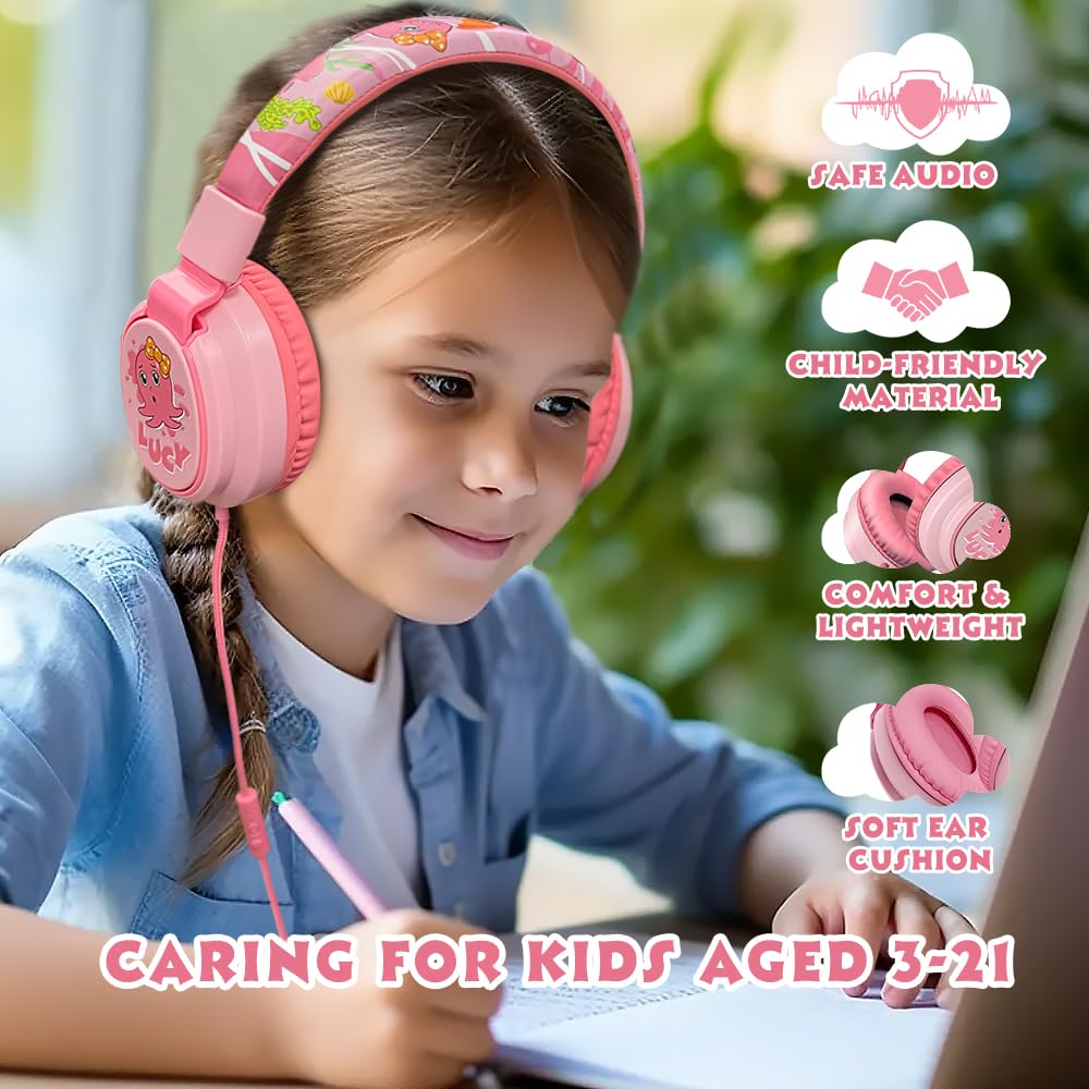MIDOLA Kids Headphones with Volume Limiter (85/110dB) - Foldable Over-Ear Headset with Built-in Mic & 3.5mm AUX Cord - Safe for Children's Ears - Perfect for School, Travel, Tablet, Laptop & Online Learning (Cartoon Pink)