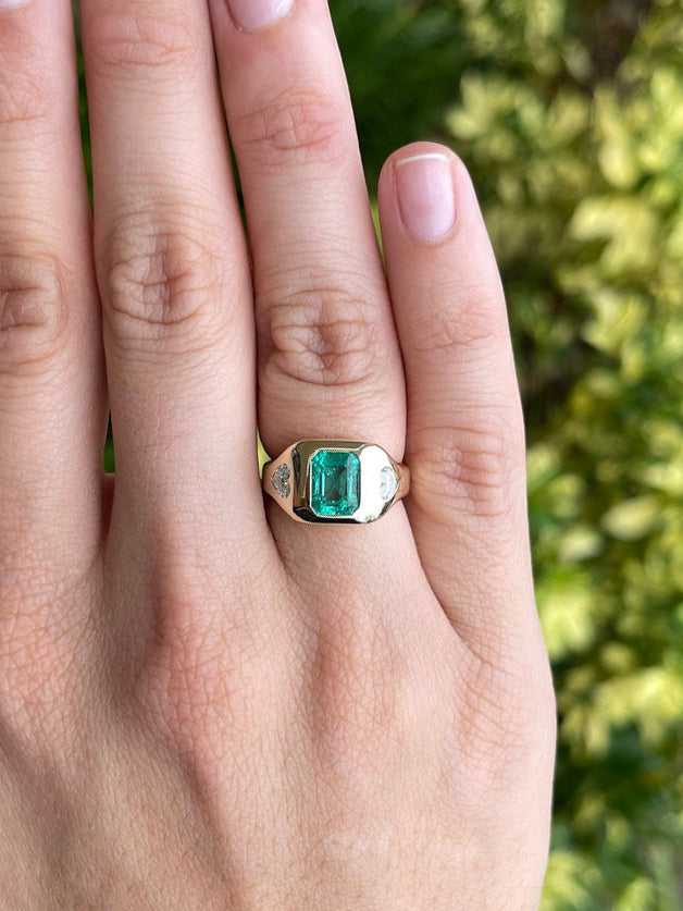 2.15tcw Three Stone Colombian Emerald & Heart Diamond Gypsy Ring in 14K Gold - Perfect for Engagement, Wedding, or Anniversary Gifts