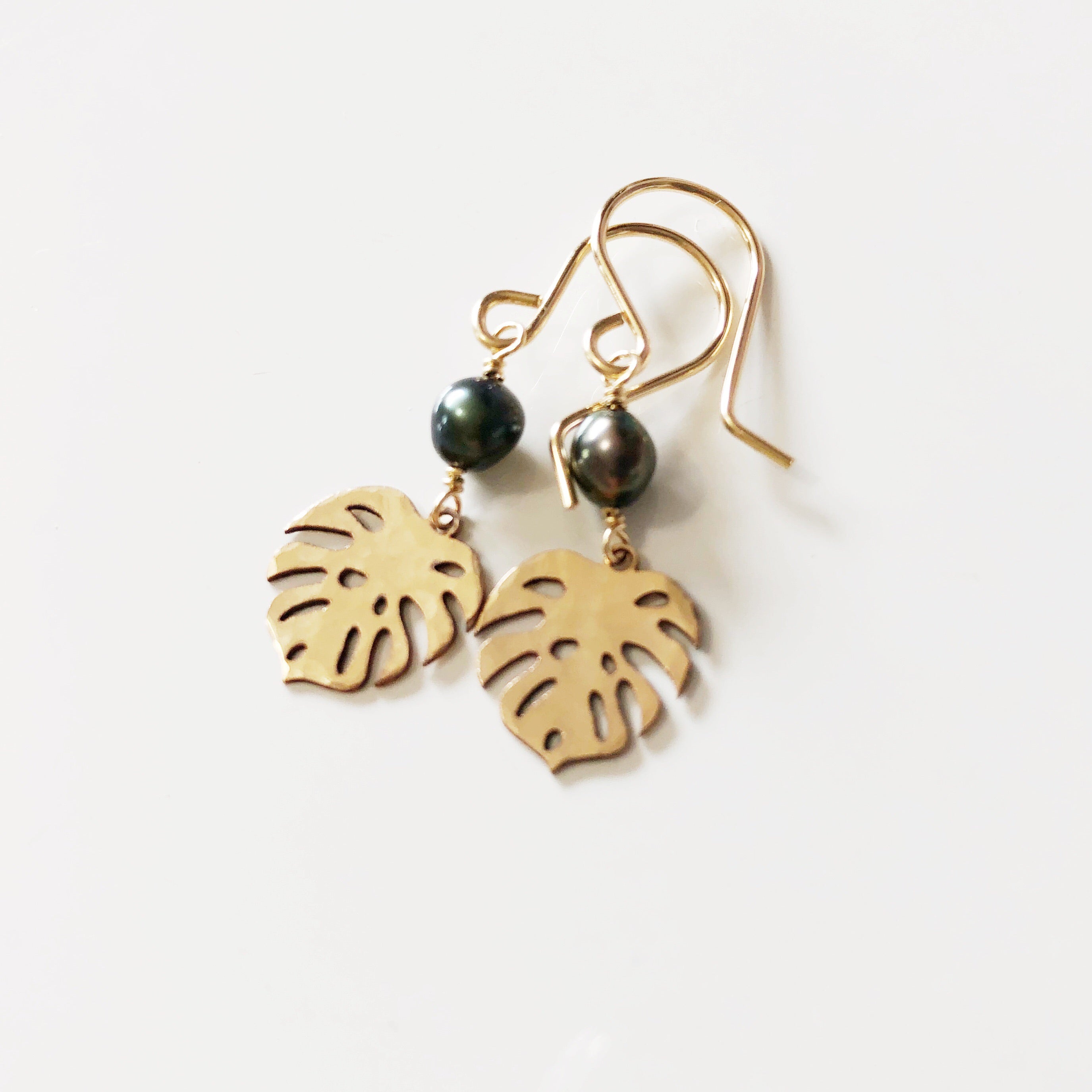 Petite Monstera Leaf Dangle Earrings with Keshi Tahitian Pearls (E511) - Elegant Boho Jewelry for Women, Perfect for Weddings & Special Occasions