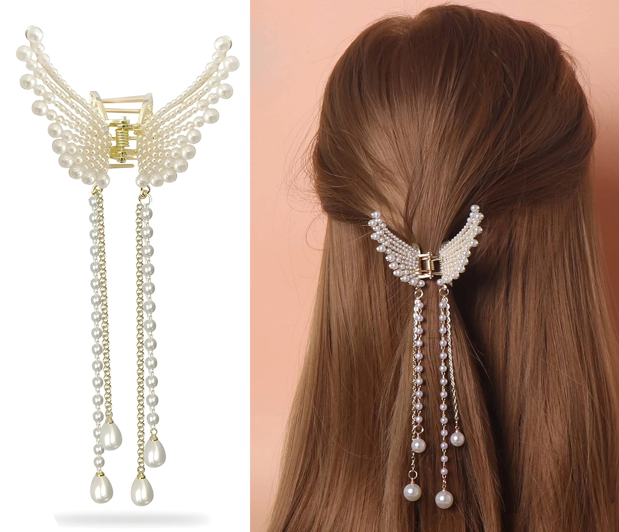 Korean Style Large Hair Claw Clip - RedChimes Pearl Butterfly Hair Clutch for Women & Girls | Thick Hair Accessories | Perfect for Parties, Weddings & Everyday Styling