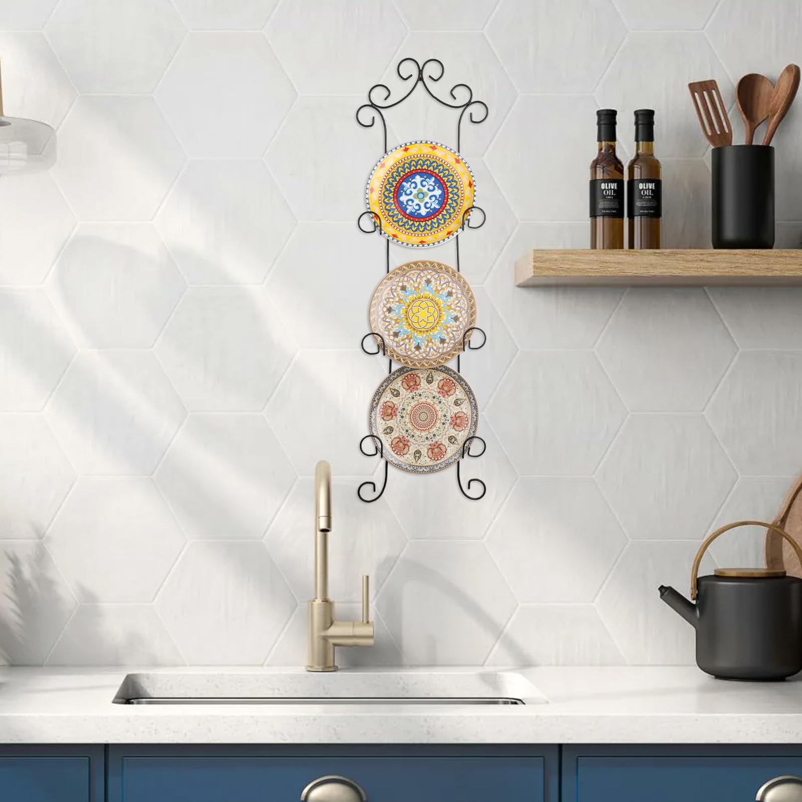 Sturdy 3-Tier Metal Wall Plate Holder Rack - Vertical Display for 8 Inch Plates, Platters & Artwork - Perfect for Kitchen, Dining Room & Home Decor Organization