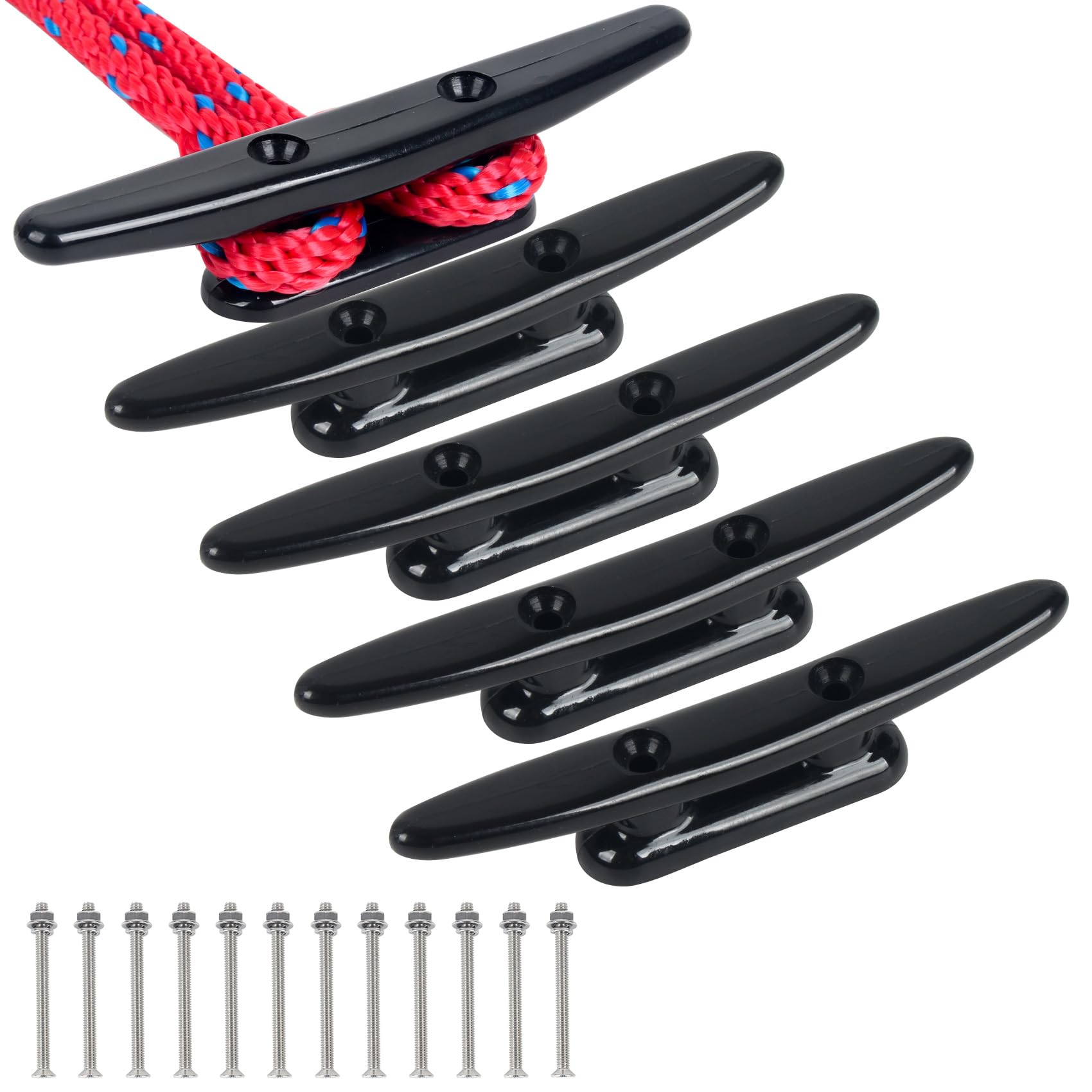 Nylon Boat Cleat 4-8 Inch Black - Marine Dock Cleats with Bolts for Boats & Decks (4/6 Pack)