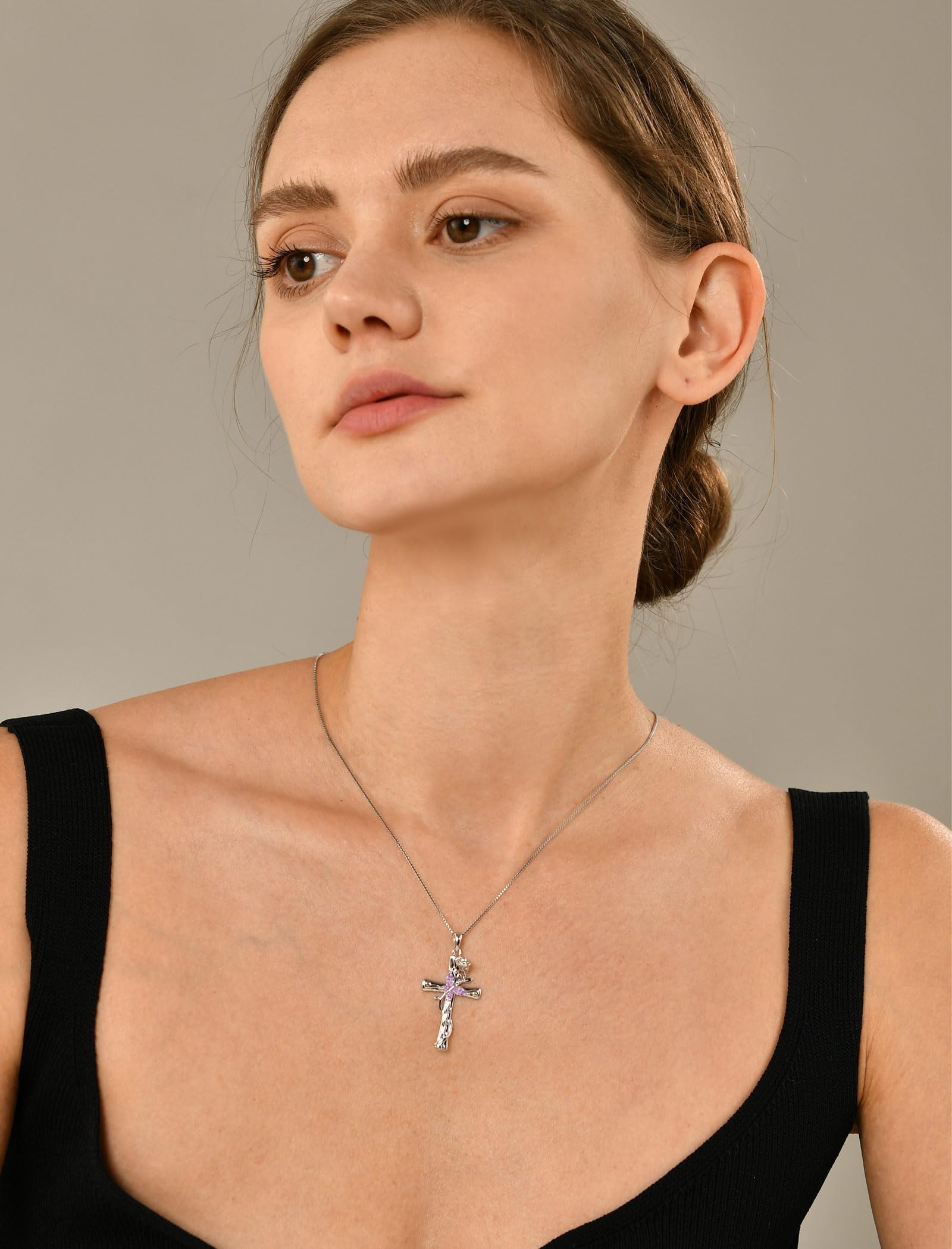 YL Butterfly Cross Necklace - Sterling Silver Rose Flower Pendant with Birthstone, Elegant Jewelry Gift for Women, Perfect for Valentine's Day, Anniversary & Special Occasions