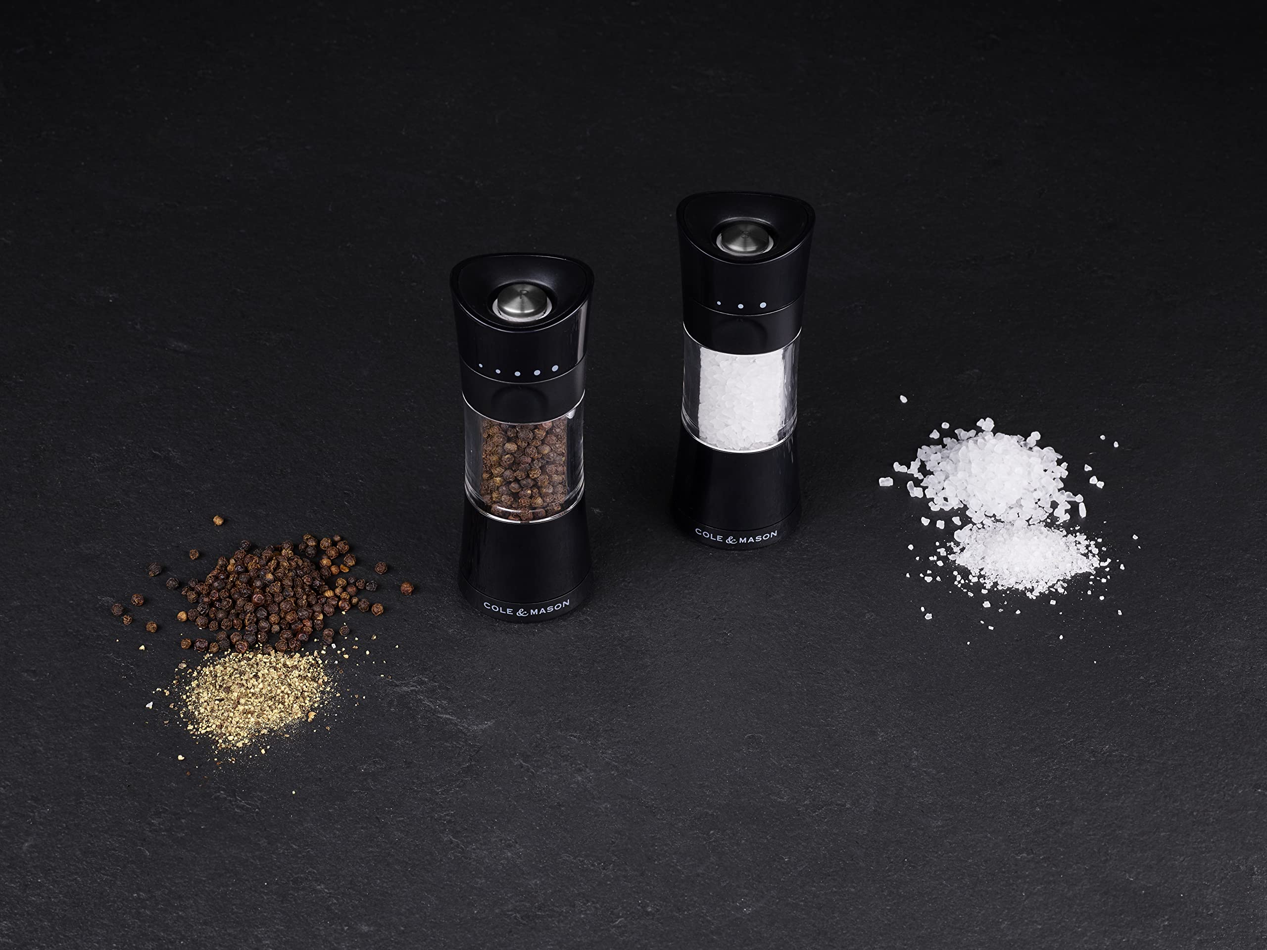 Cole & Mason Harrogate Black Salt and Pepper Grinder Set - Adjustable Ceramic Mechanism, Inverta Design, ABS Plastic (6.1 Inch) - Perfect for Kitchen, Dining Table & Gift Giving - Includes 2 Premium Mills for Freshly Ground Spices