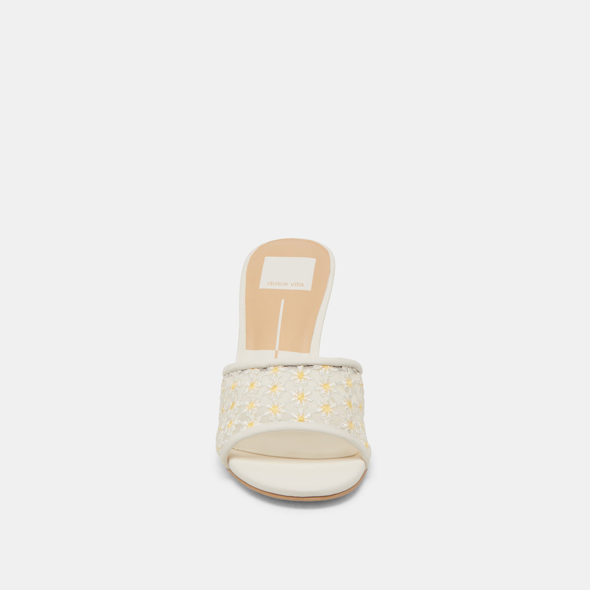 LAVENA Floral Heels for Women - White & Yellow Mesh Summer Sandals with Flower Design - Perfect for Weddings, Parties, and Beach Vacations