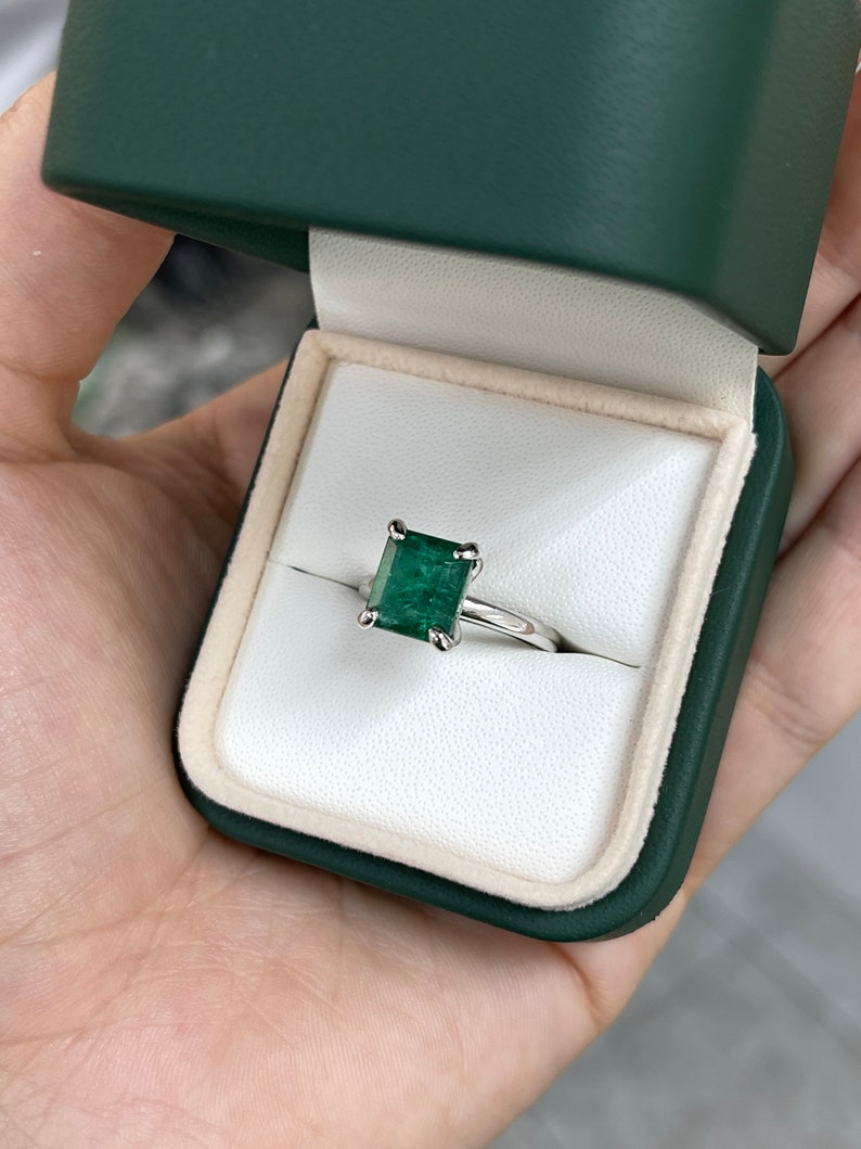 3.85ct 14K White Gold Natural Deep Green Emerald Cut Solitaire Engagement Ring for Women - Perfect for Proposals, Anniversaries & Special Occasions