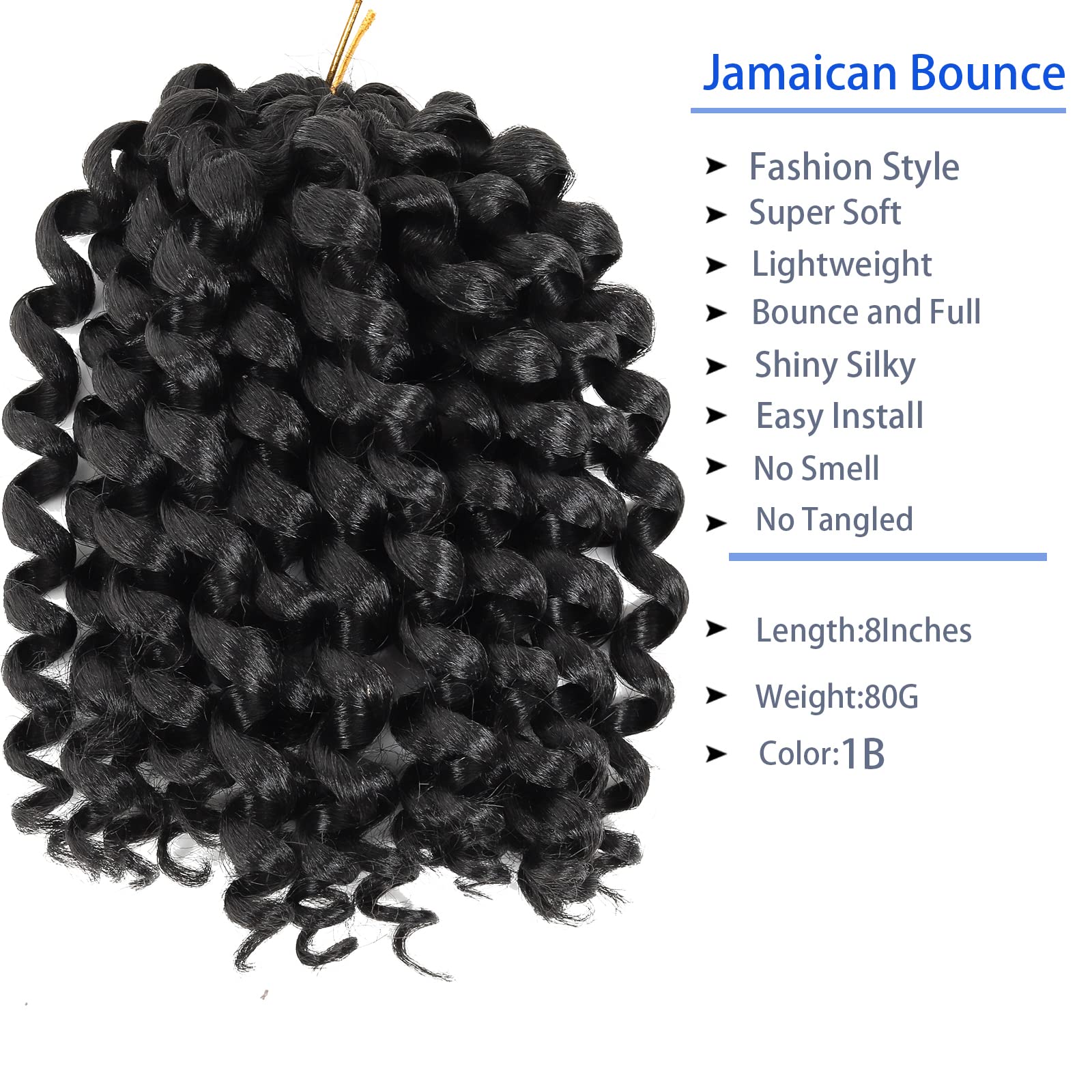 3 Packs Jamaican Bounce Crochet Hair 2X Ringlet Wand Curl - 8 Inch Synthetic Pre-Looped Hair Extensions for Braiding (60 Roots, Color #1B) - Perfect for Protective Styles, Twist Outs & Natural Hair Looks