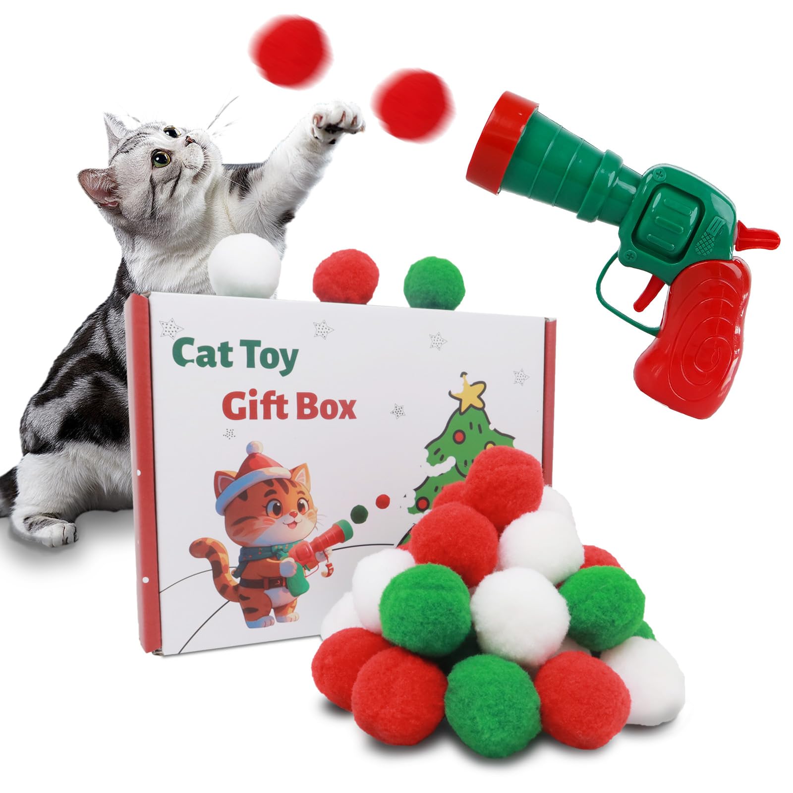 Interactive Cat Toys Ball Launcher Set - 31pcs Christmas Cat Balls with Pom Poms for Indoor Cats | Fun Fetch Toy for Kittens & Adult Cats | Perfect Holiday Gift & Playtime Activity