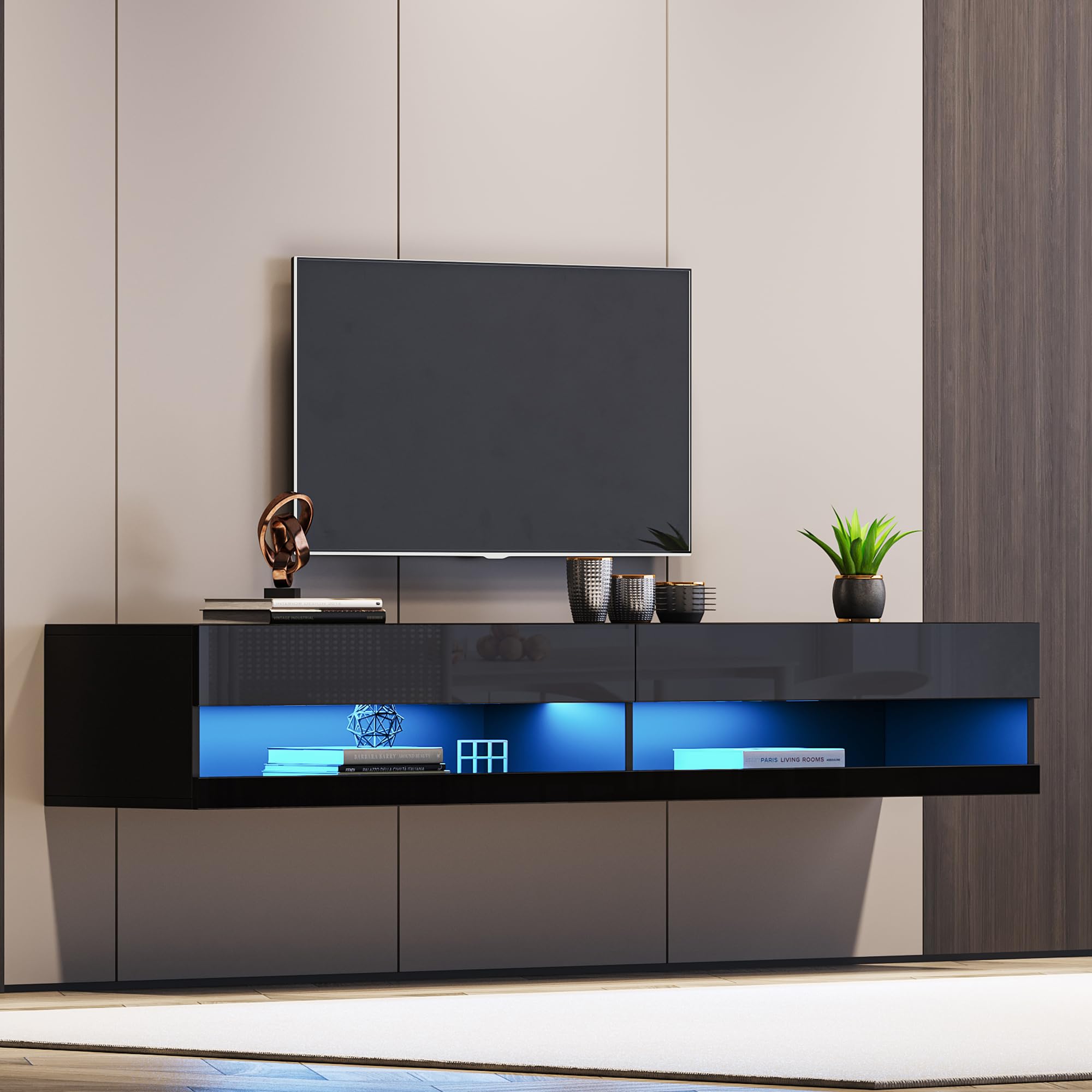 Floating LED TV Stand for 65-80 Inch TVs - Modern High Gloss Wall Mounted Entertainment Center with LED Lights - Black | Perfect for Living Room, Bedroom & Home Theater Setup