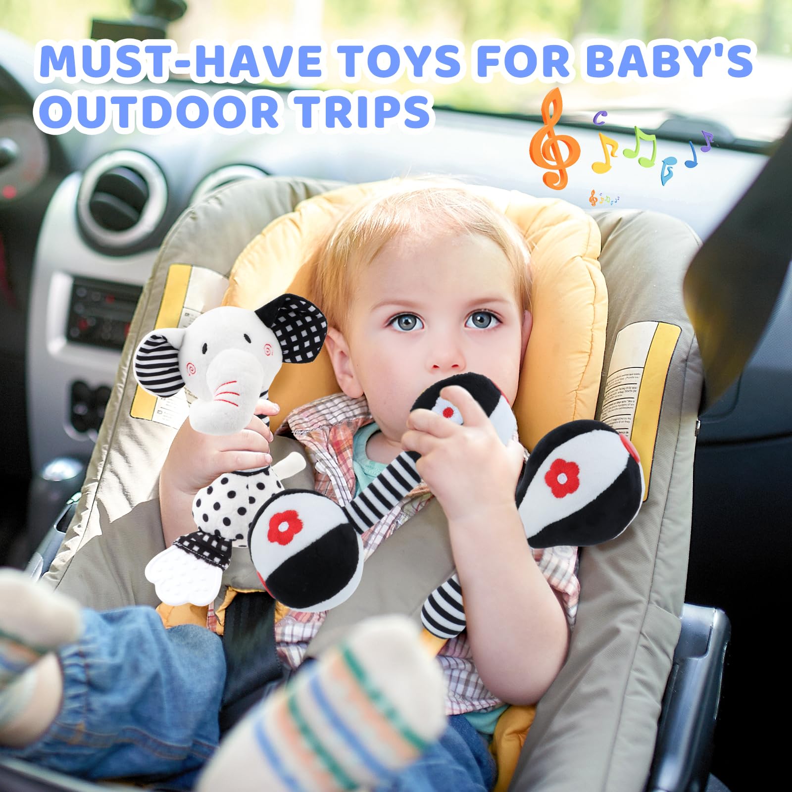 Soft Baby Rattles 0-12 Months - Black & White High Contrast Newborn Toys for Brain Development, Montessori Teether Chew Toy with Plush Elephant Design - Perfect for Tummy Time, Sensory Play & Early Learning