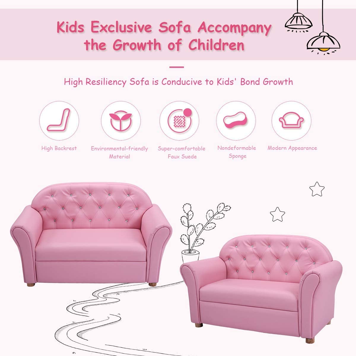 Fireflowery 37-inch Kids Sofa - Sturdy Wood Frame & PU Leather Upholstered Play Couch with Double Foam Padding - Toddler Lounge Chair for Preschool Girls (Pink) - Perfect for Playrooms, Bedrooms & Daycare Centers