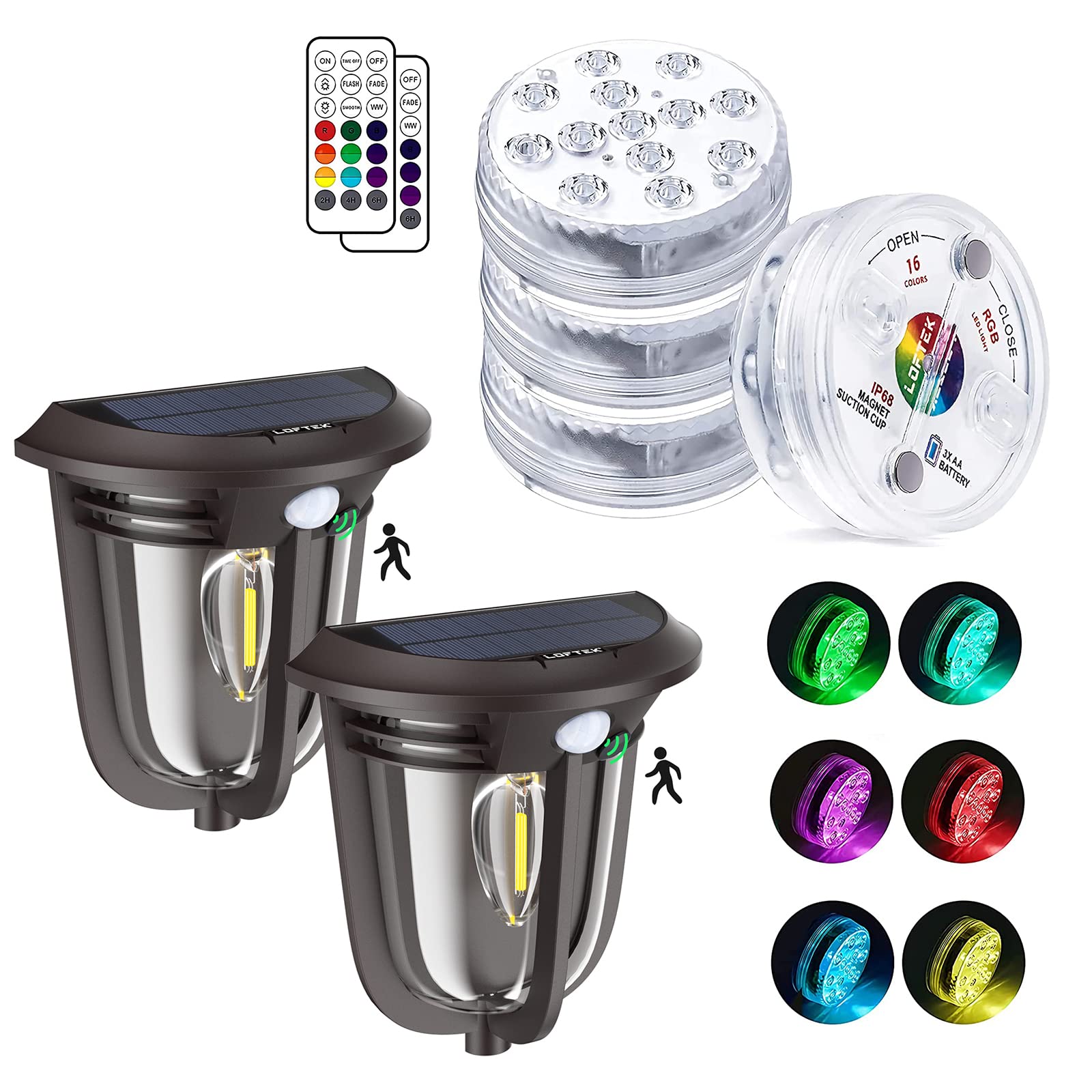 LOFTEK Submersible LED Pool Lights with Remote RF (164ft Range) - 4 Pack Waterproof Inground Pool Lights with Magnets & Solar Motion Sensor Outdoor Lighting - Perfect for Swimming Pools, Hot Tubs, Garden Decor and Backyard Parties