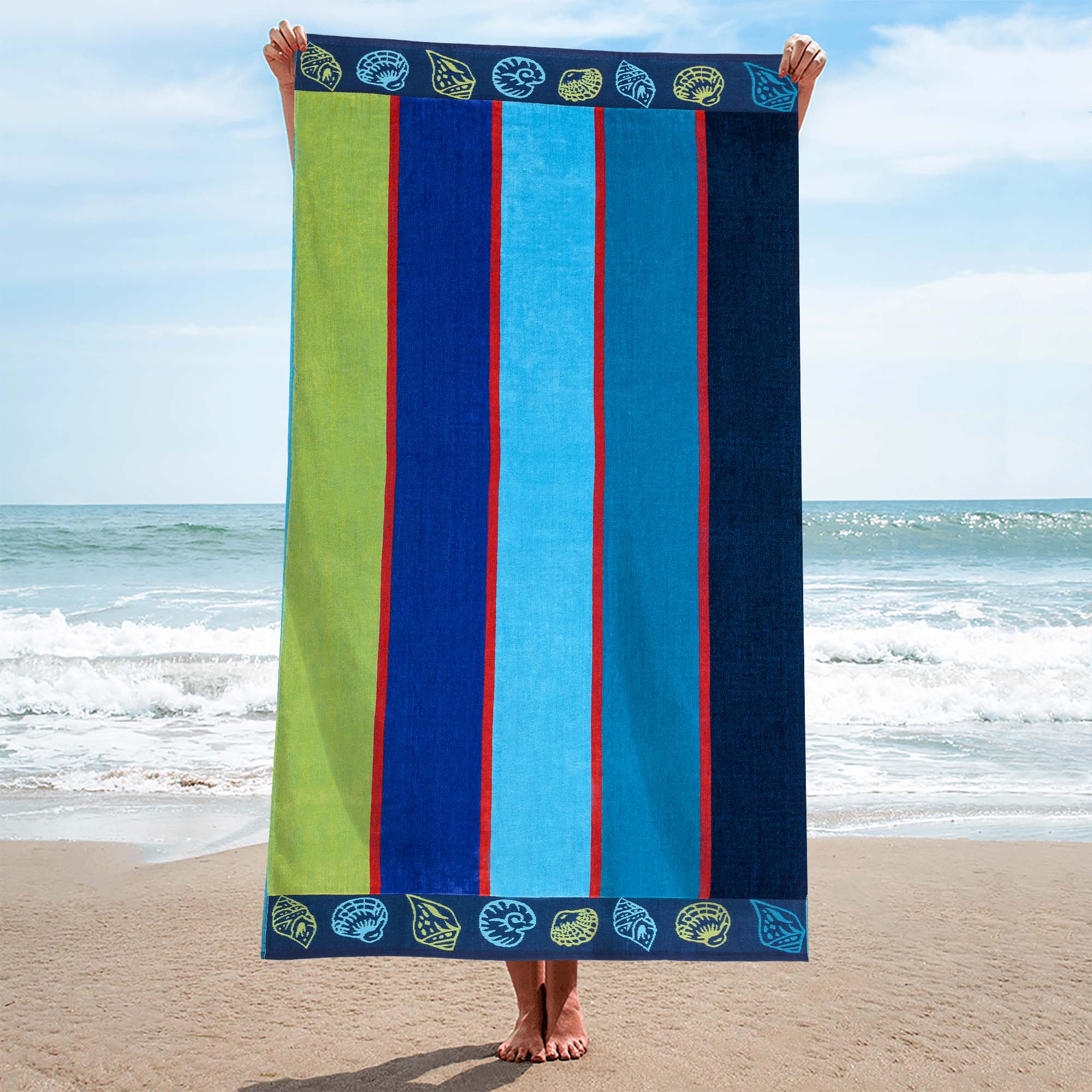 Premium Oversized 4-Piece Cotton Beach Towel Set with Sea Shell Design - Soft, Absorbent & Quick-Drying for Pool, Beach, Vacation & Outdoor Activities