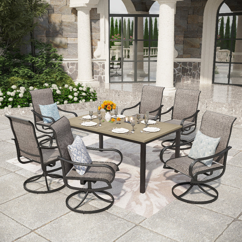 PHI VILLA 7-Piece Patio Dining Set - Farmhouse Style Outdoor Furniture with Wood Grain Table & Textilene Swivel Chairs - Perfect for Backyard, Garden, and Poolside Entertaining