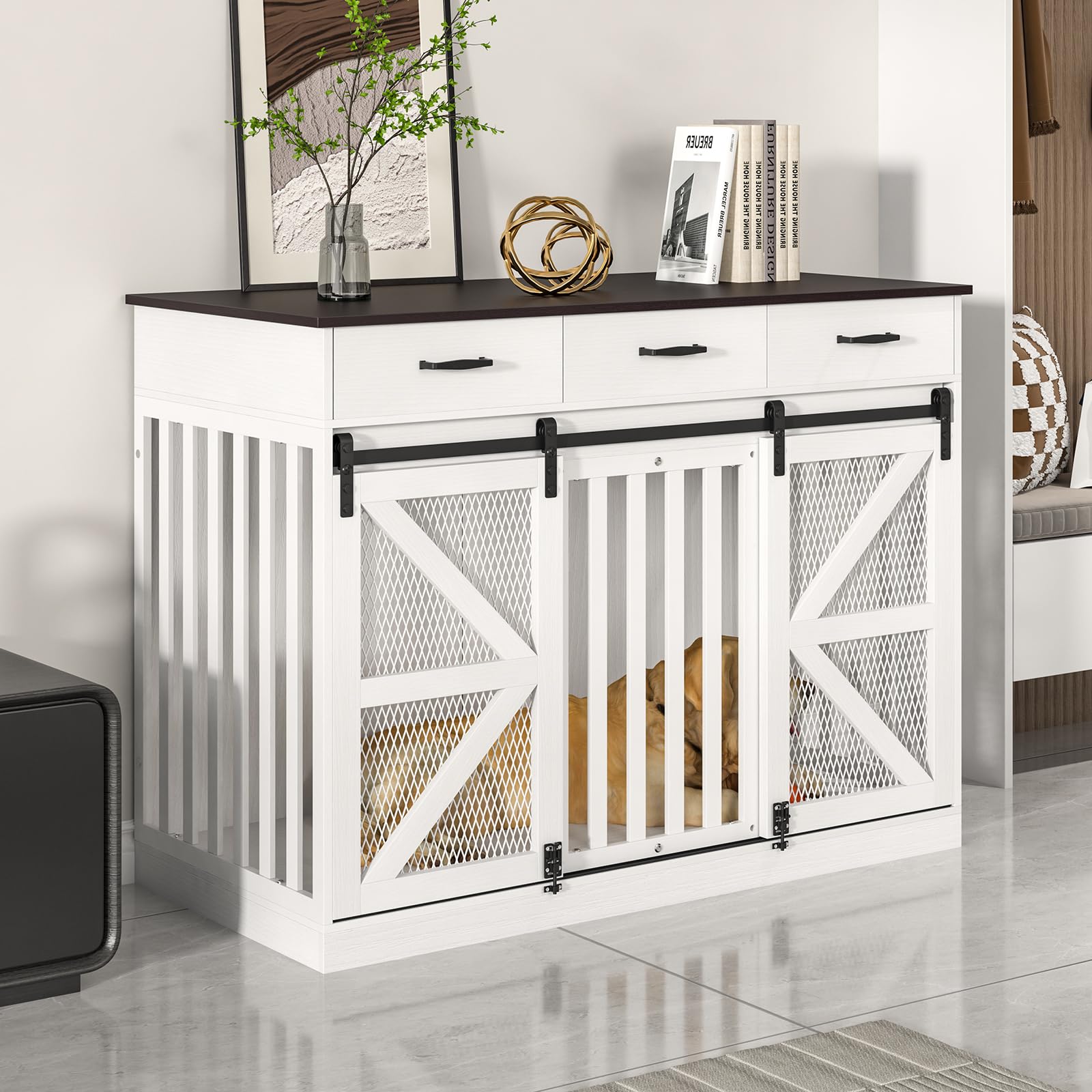 2-in-1 Farmhouse Style Wooden Dog Crate Furniture with Storage Drawers - Large Pet Kennel with Double Doors - 24