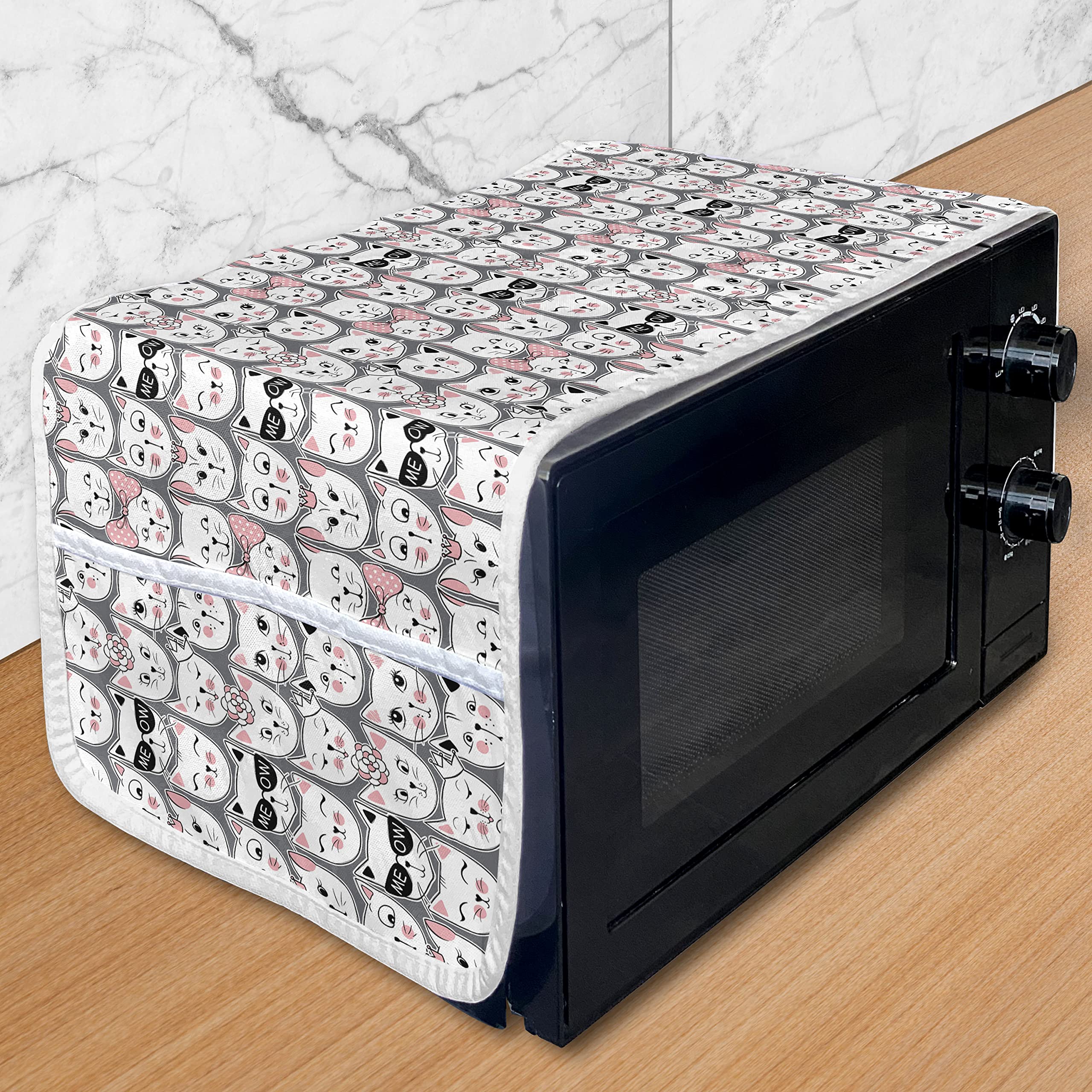 Ambesonne Microwave Oven Cover for Cat Lovers - Cute Doodle Kitties with Accessories Design, Waterproof Kitchen Organizer with Pockets, 36 x 12 Inches, Pale Pink & Black - Perfect for Pet-Themed Kitchen Decor & Microwave Protection
