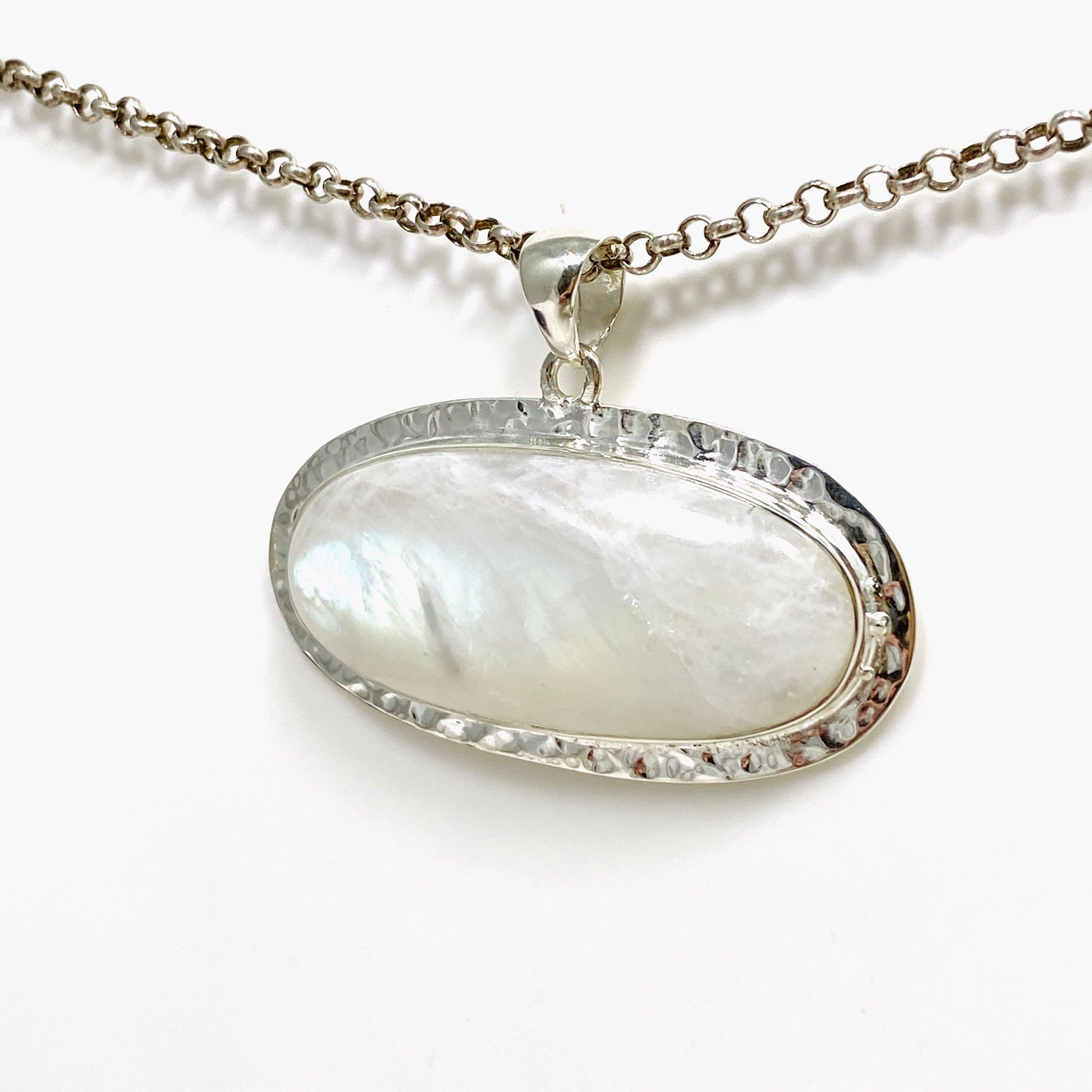 Moonstone Oval Pendant Necklace with Hammered Sterling Silver Setting KPGJ4242 - Elegant Boho Jewelry for Women, Perfect for Weddings & Special Occasions