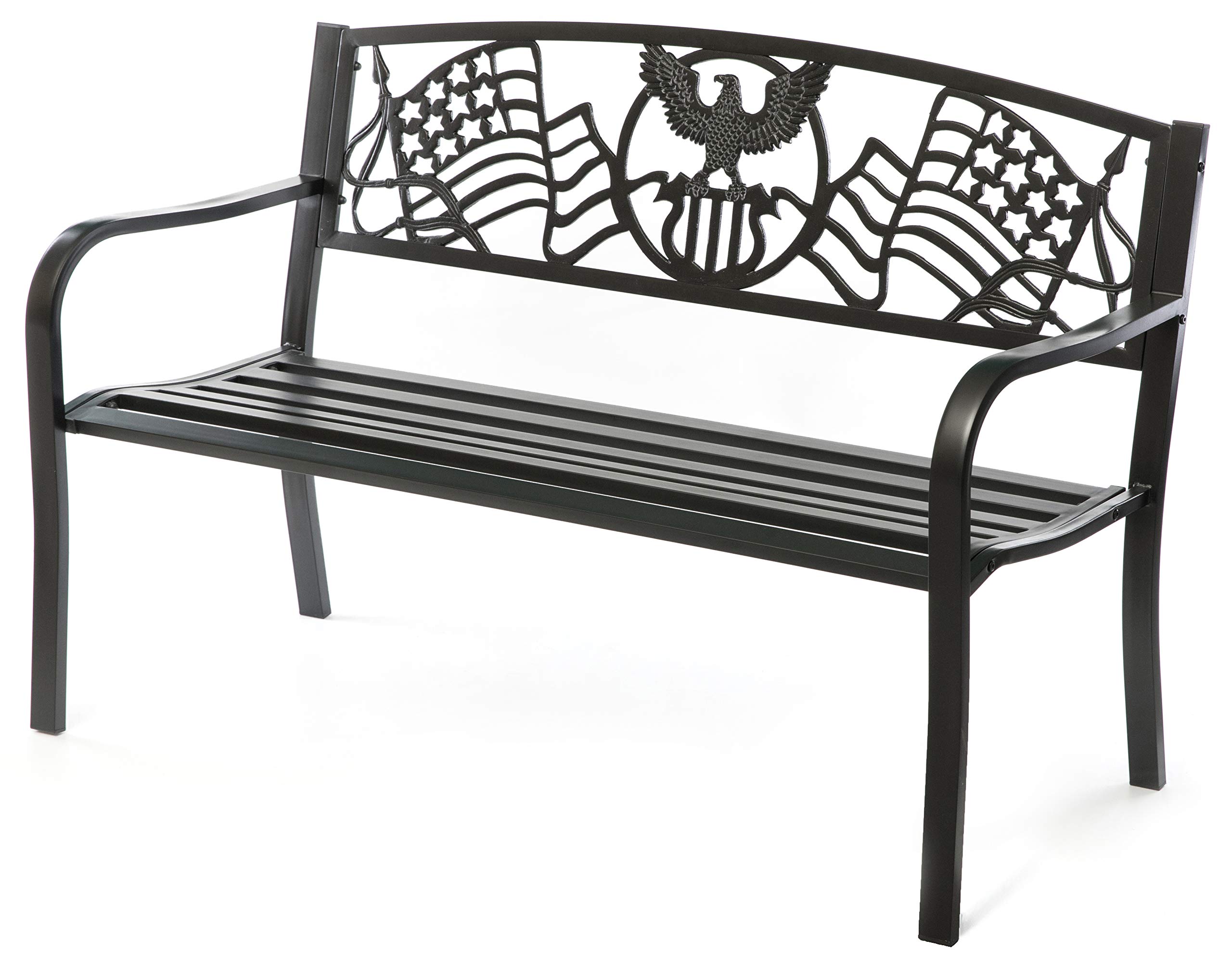Patriotic American Flag & Eagle Backrest Steel Outdoor Bench - Heavy Duty Cast Iron Garden, Park, Porch & Lawn Seating for Decorative Patio, Yard & Outdoor Spaces
