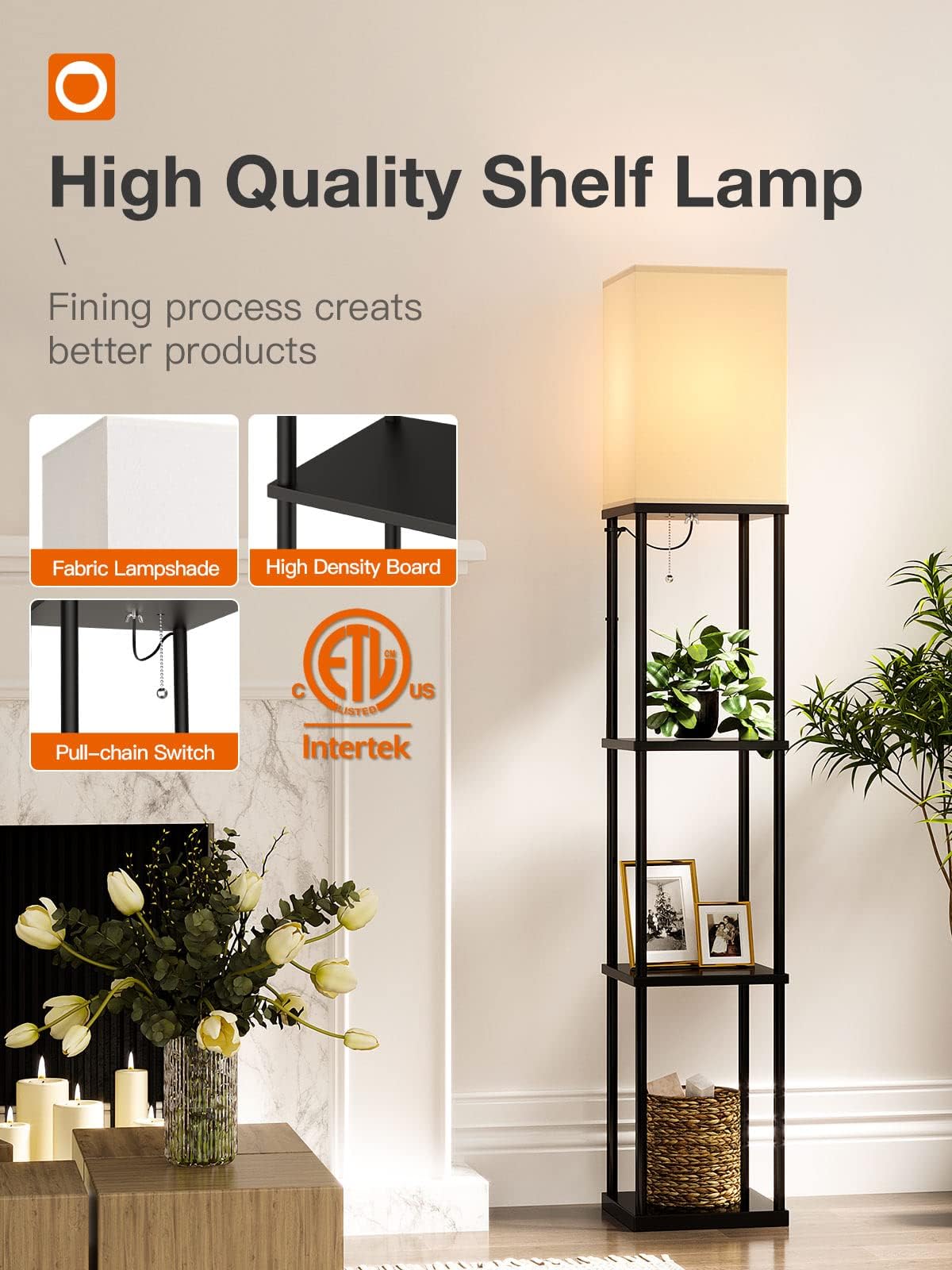 Addlon 4-Tier Modern Shelf Floor Lamp with 3CCT LED Bulb - Adjustable Brightness Display Lamp for Living Room, Bedroom, Office - Space-Saving Storage & Lighting Solution (Black)