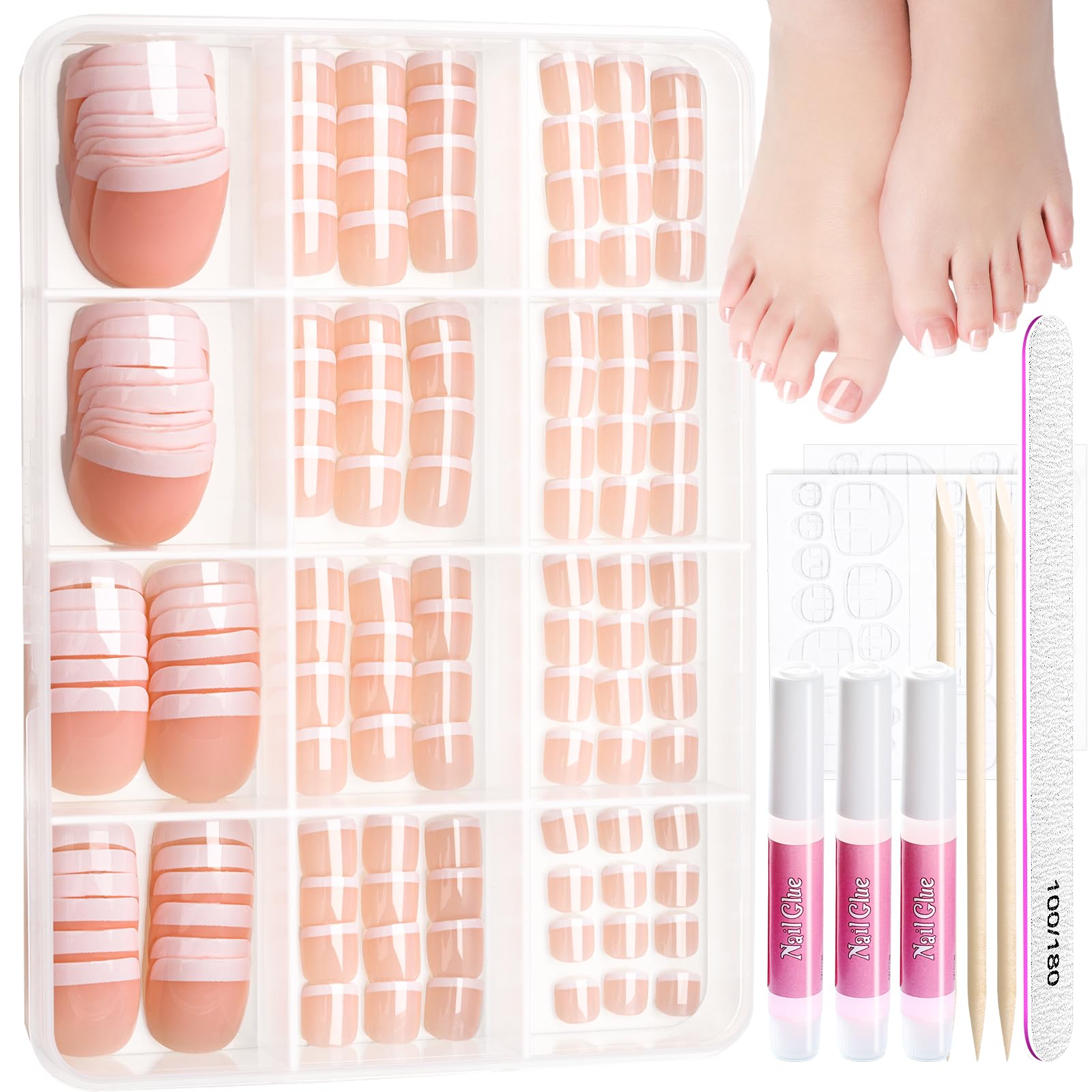 144pcs Press on Toenails for Women - 6 Sets French Tip Fake Toenails with Glue | Easy Application & Long Lasting | Perfect for Pedicures, Vacations & Special Occasions