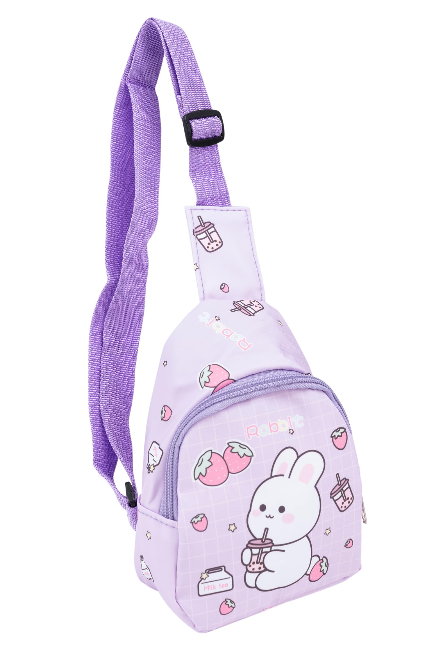 Adorable Cartoon Rabbit Crossbody Sling Bag for Kids 1-5 Years - Purple Strawberry Bunny Design, Canvas Waist Backpack & Coin Purse - Perfect for School, Travel, and Playtime