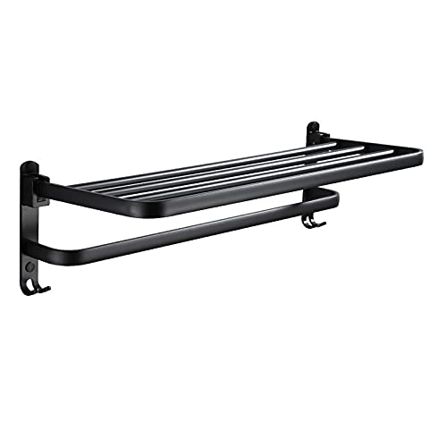 Sturdy 59cm Aluminum Alloy Wall-Mounted Bathroom Towel Rack - Double Folding Shelf with Hooks & Bar, Rustproof Matte Black - Perfect for Small Bathrooms, Spa Rooms & Luxury Hotels