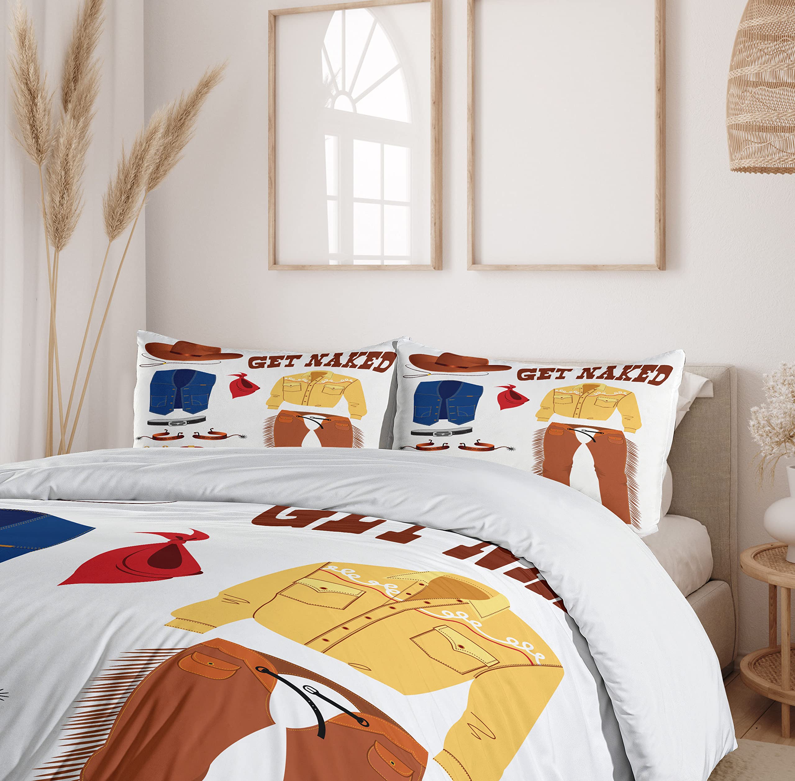 Ambesonne Cowboy Duvet Cover Set - Western Country Style Cartoon Print with Hat, Shirt & Vest | 3-Piece Queen Size Bedding Set with 2 Pillow Shams | Perfect for Ranch, Farmhouse or Western-Themed Bedrooms
