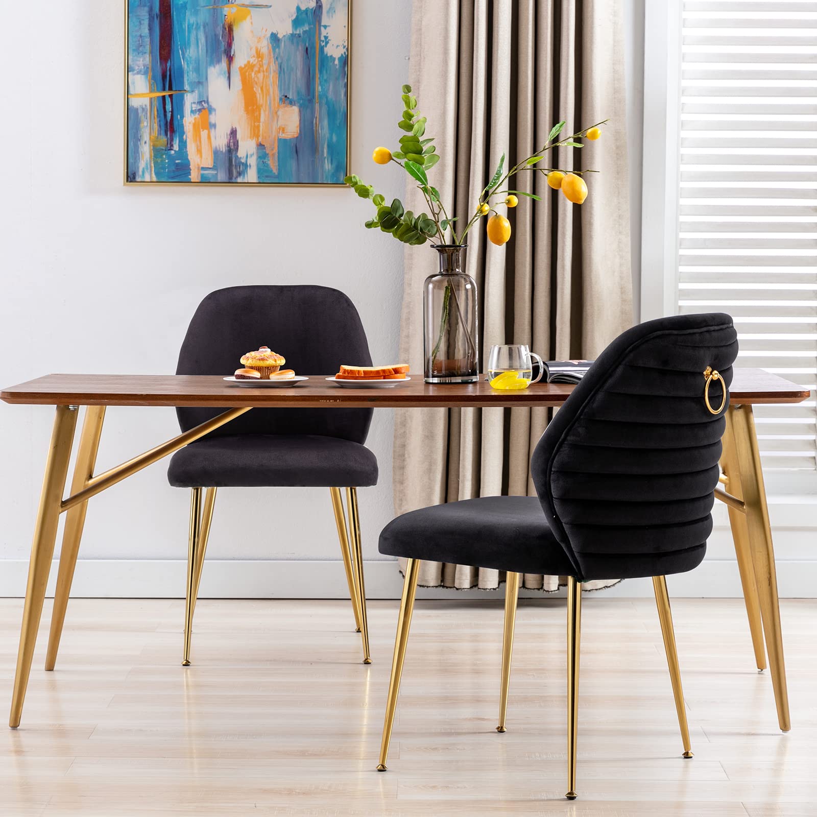 ZhengHao Mid Century Modern Dining Chairs Set of 2 - Black Upholstered Tufted Accent Chairs with Gold Metal Legs & Ring Pulls for Kitchen, Living Room, Bedroom - Comfortable Seating for Dining, Entertaining & Home Decor