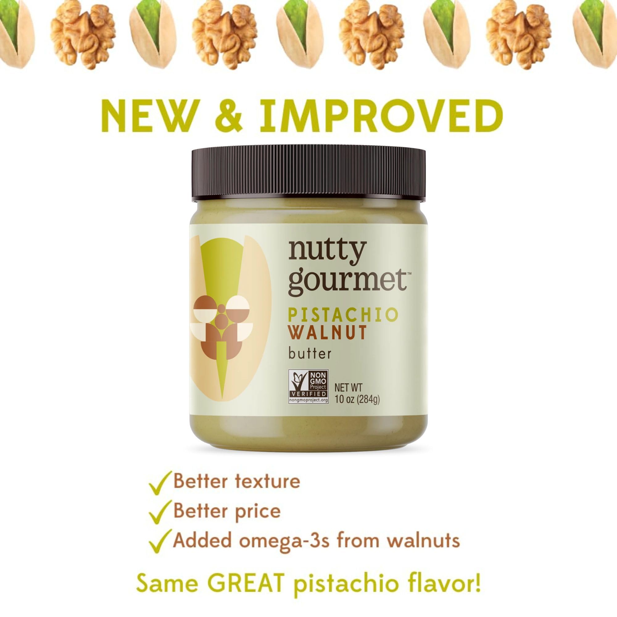 Nutty Gourmet Pistachio Walnut Spread - No Added Sugar, Palm Oil Free, Peanut Free, Gluten Free - Healthy Protein Breakfast Snack - Perfect for Dips, Fillings, Sauces & Baking - Great for Toast, Yogurt Topping, Smoothie Boost (10oz, 2 Pack)
