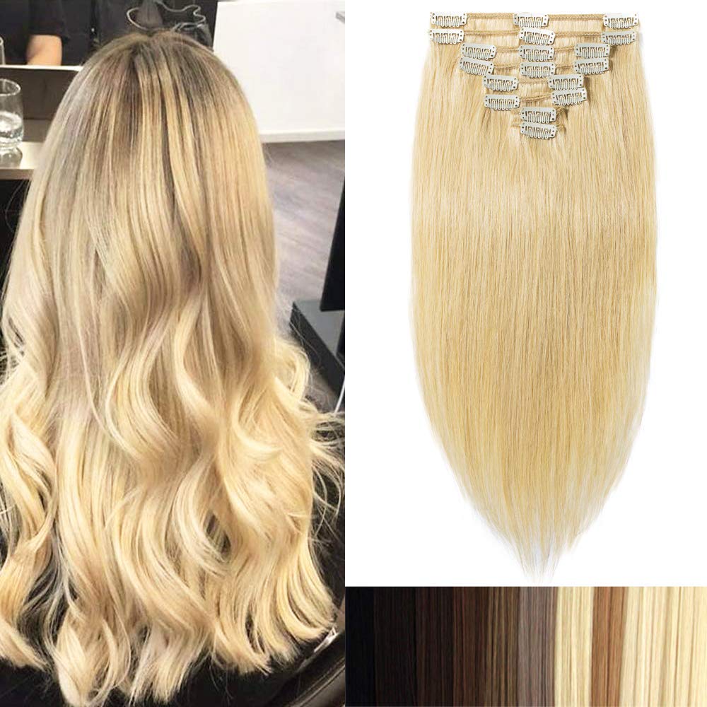 8PCS Real Human Hair Extensions Clip-in Straight Short Full Head 20