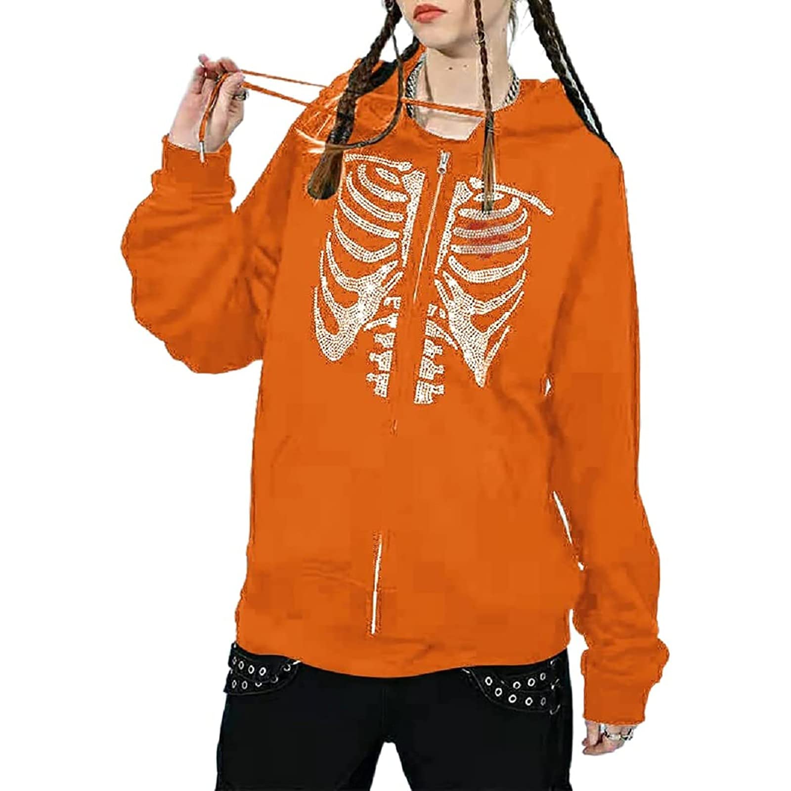 Women's Rhinestone Skeleton Zip Up Hoodie - 90s Streetwear Jacket & Long Tunic Sweater | Casual Outfit, Layering Piece for Fall & Winter Fashion