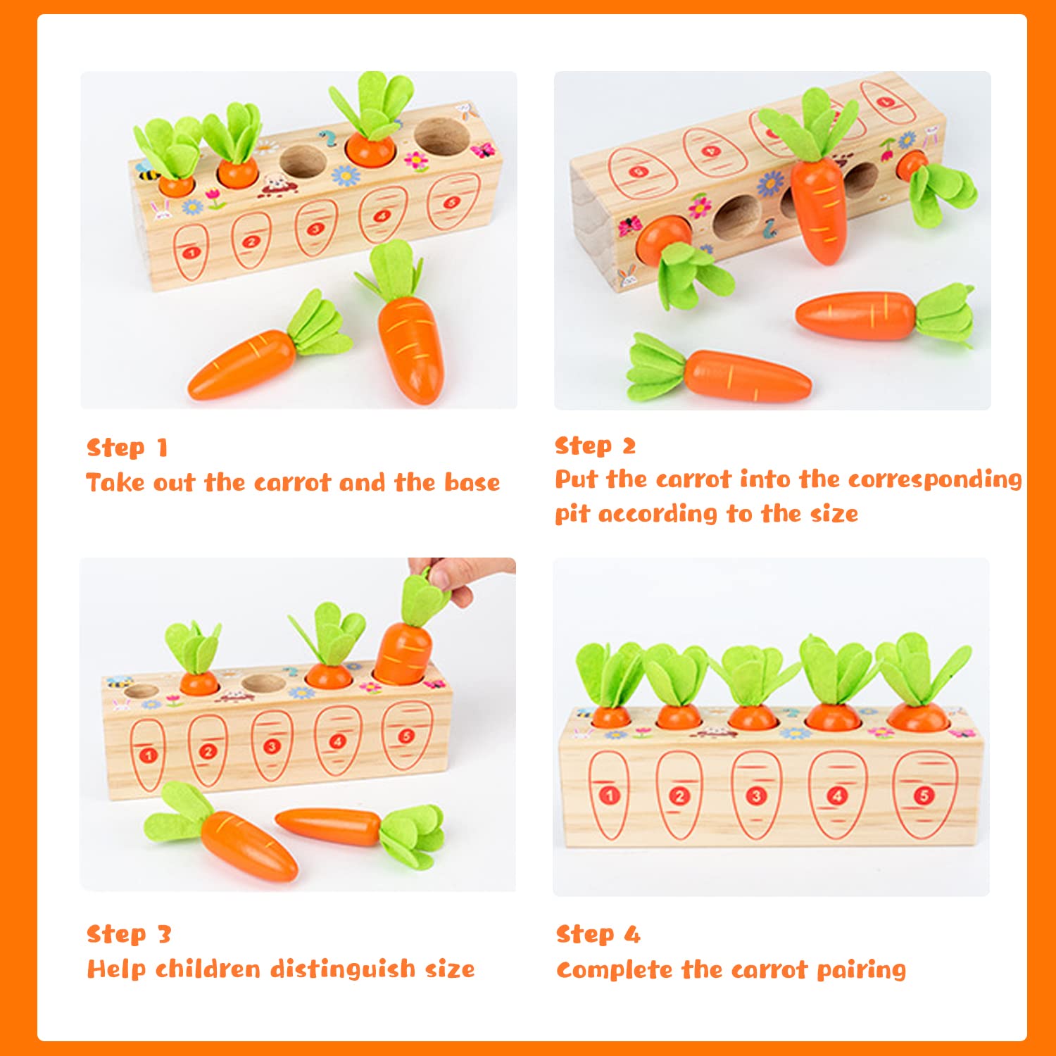 Montessori Wooden Carrot Shape Sorting & Matching Game - Fine Motor Skills Learning Toy for Toddlers 1-3 Years Old | Preschool Educational Gift for Boys & Girls | Perfect for Classroom, Daycare & Homeschooling Activities