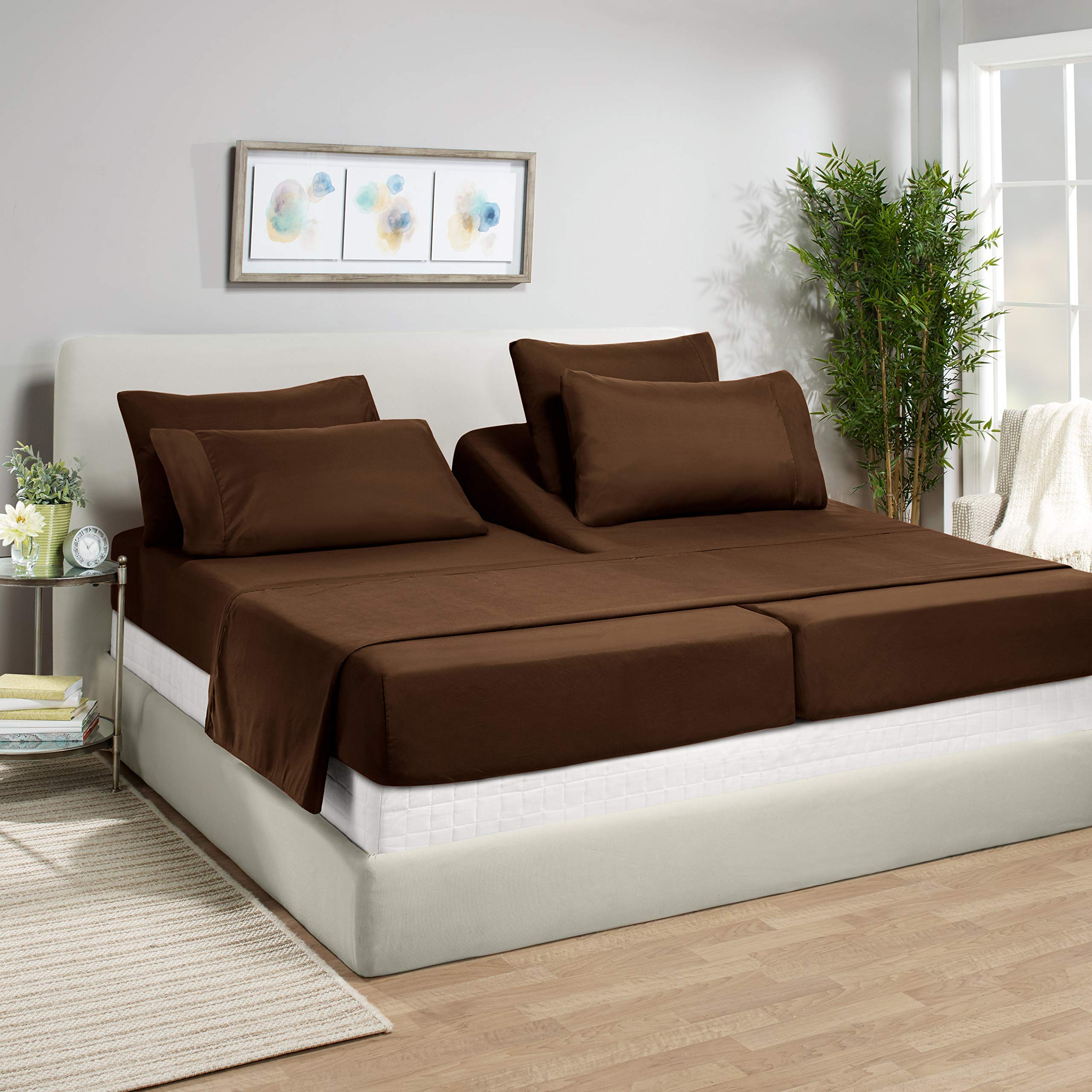 5Pcs Split Queen Sheets Set - 800 TC 100% Cotton Adjustable Bed Sheets - Chocolate Brown Deep Pocket Fitted Sheets (Fits Mattress Up to 16