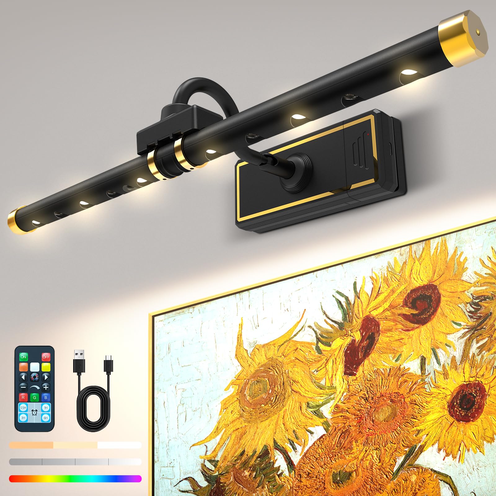 Rechargeable RGB Wireless Picture Light with Remote & Timer - Dimmable Art Light for Paintings, Portraits, Picture Frames - Perfect for Home Gallery, Museum Display & Wall Decor (Black)