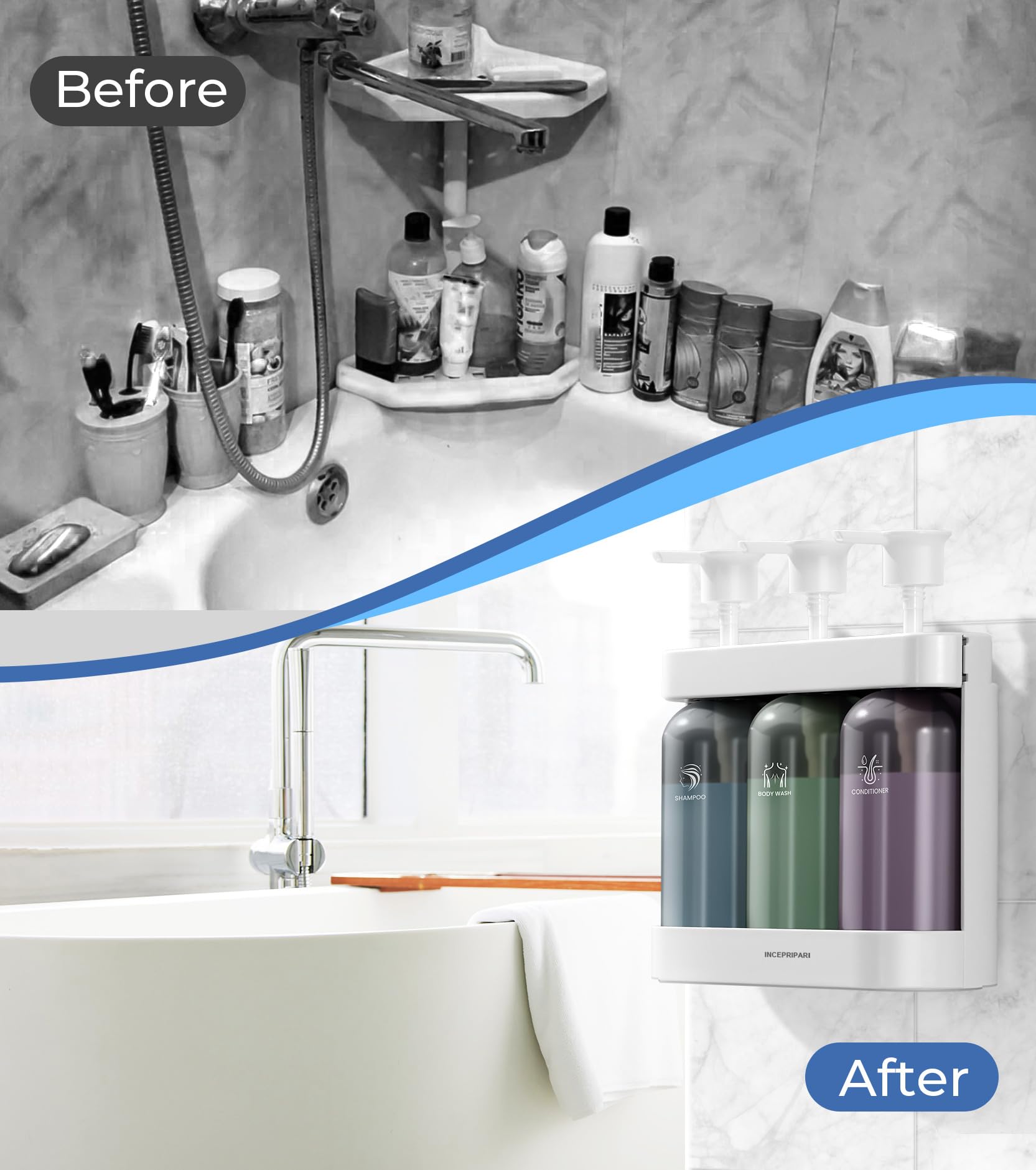 3-Chamber Wall Mounted Shampoo & Conditioner Dispenser for Shower - No Drill Bathroom Organizer with Soap Dispenser | Perfect for Hotels, Spas & Home Bathrooms (White)