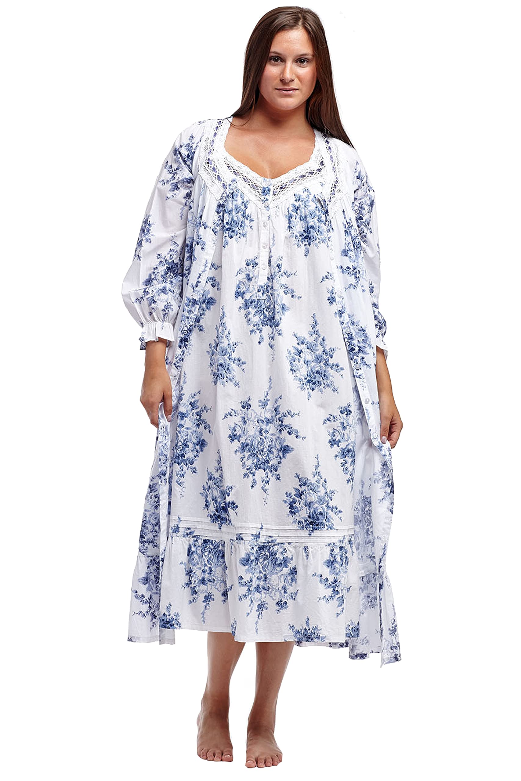 LA CERA Women's Cotton Lace Nightgown - Long Sleeve Floral Print Maxi Dress with Ruffles & Lace Trim Neckline | Comfortable Sleepwear for Women | Perfect for Bedtime, Lounging & Romantic Nights