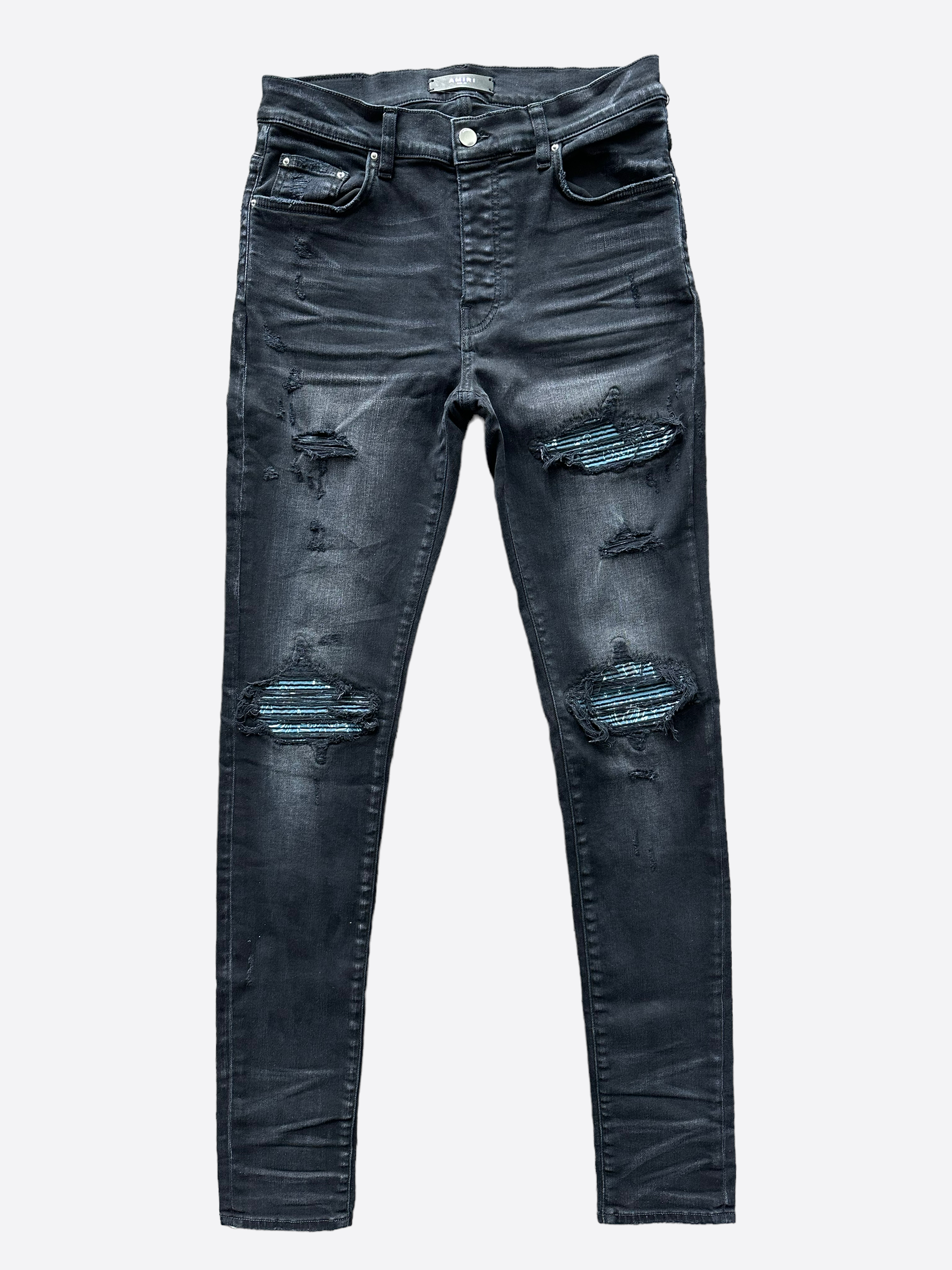 Amiri Aged Black Blue Bandana MX1 Distressed Jeans - Vintage Denim for Men | Perfect for Streetwear & Casual Outfits