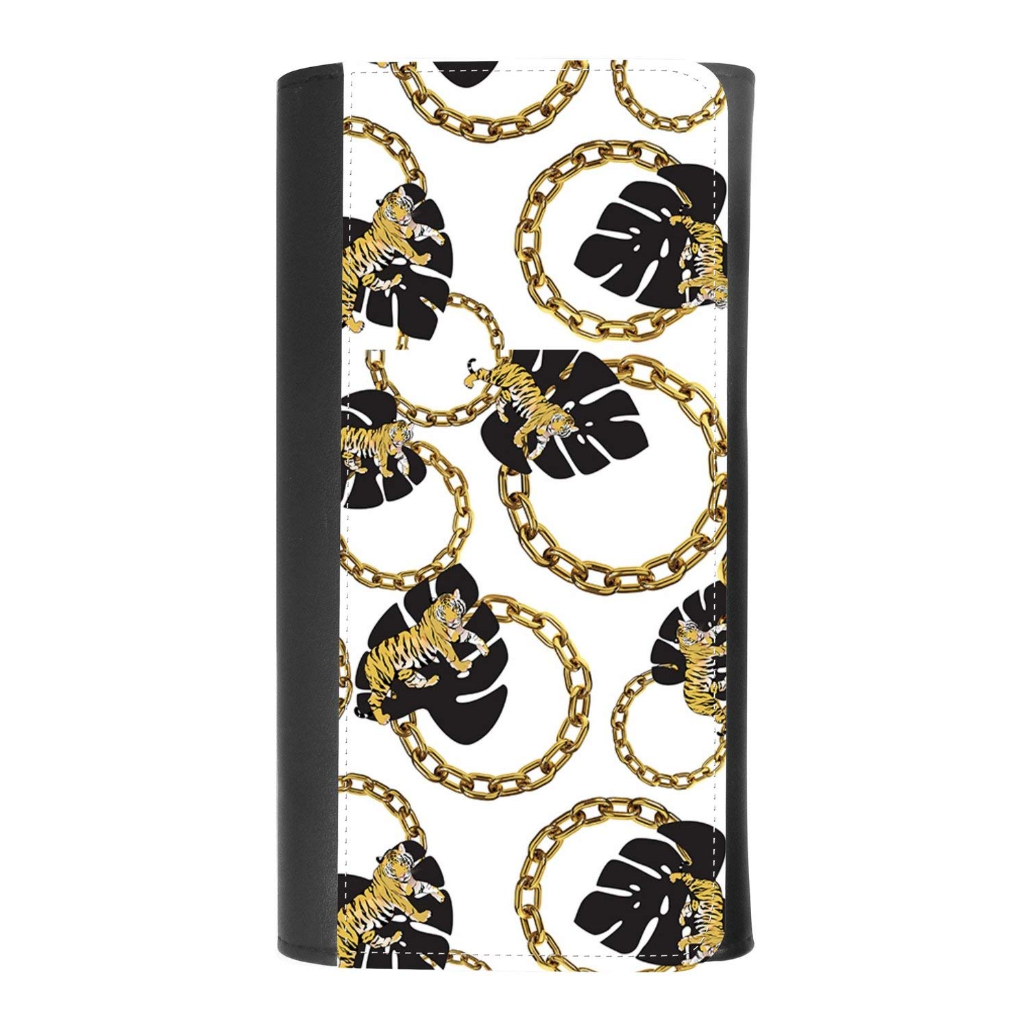 Stylish Women's Leather Trifold Wallet with Golden Chain, Tiger & Tropical Leaf Pattern - RFID Blocking Credit Card Holder & Phone Pocket - Perfect for Travel, Shopping & Everyday Use