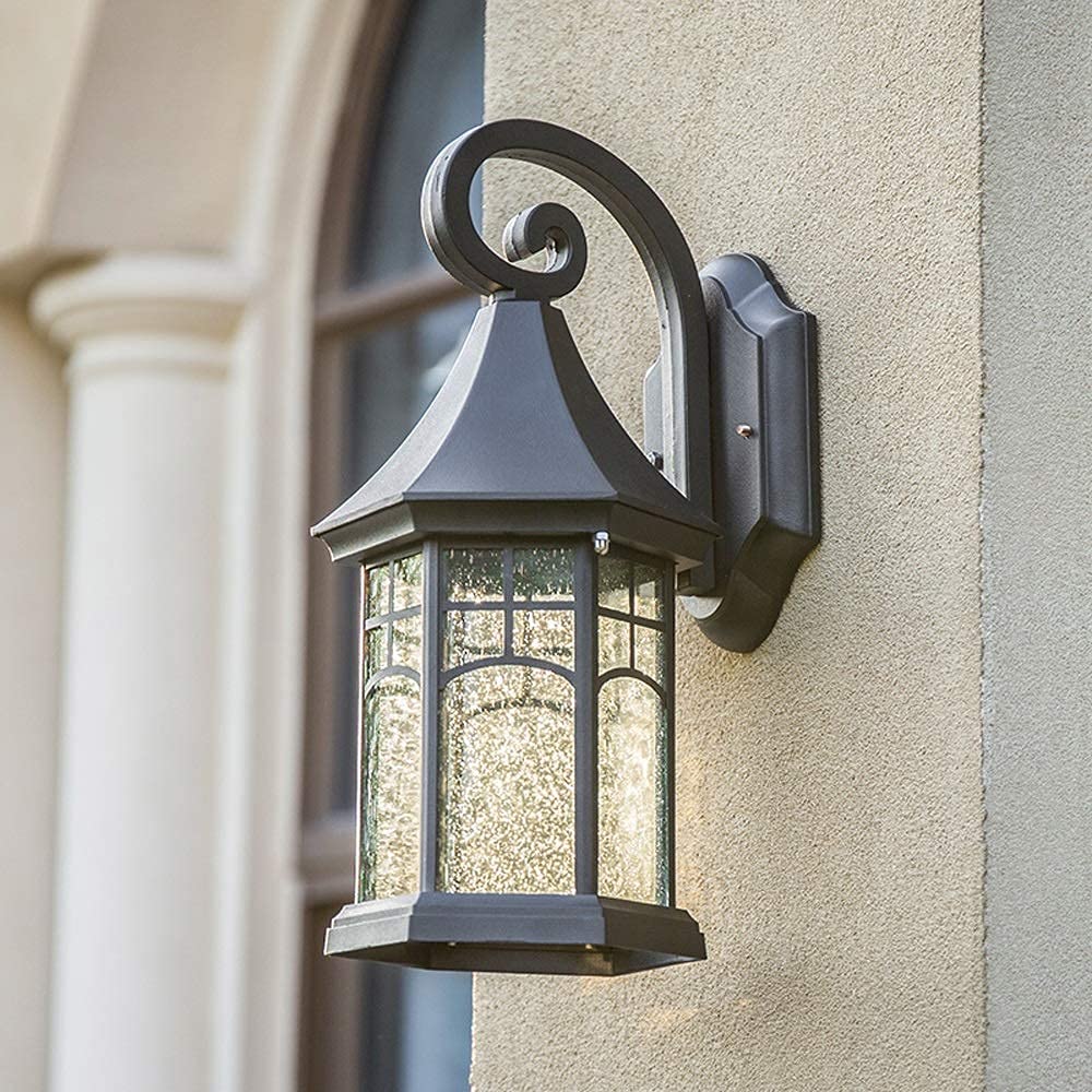 Farmhouse Wall Lantern Sconce - Outdoor Waterproof Wall Light with Seed Glass, Black Matte Finish Industrial Exterior Lighting for Porch, Patio, Garden and Entryway - Durable Metal House Wall Mount Lamp