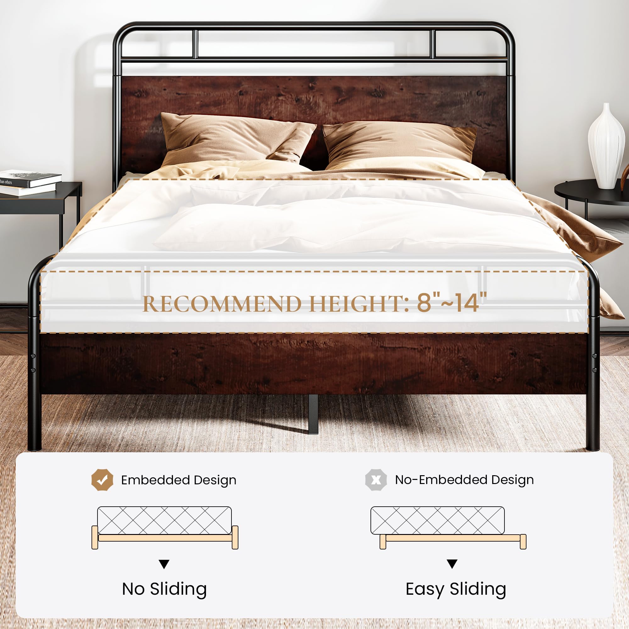 SHA CERLIN Queen Size Bed Frame with Wooden Headboard & Footboard - Sturdy Metal Frame with Rounded Corners, Heavy Duty Slats & Under-Bed Storage - No Box Spring Required - Mahogany Finish - Perfect for Master Bedrooms, Guest Rooms & Small Spaces