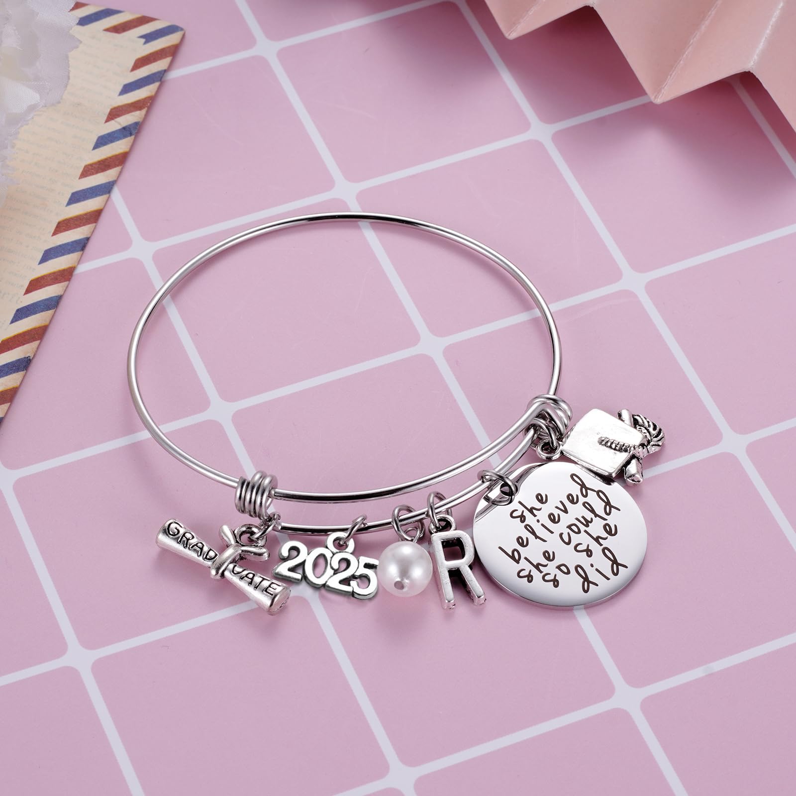 Ukodnus Class of 2025 Graduation Bracelet - Personalized 26 Initial Charm Bracelet for High School & College Seniors - Inspirational Gift for Women - Perfect for Graduation Ceremonies & Celebrations