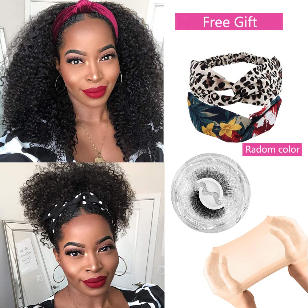 Kinky Curly Human Hair Headband Wig for Black Women - 180% Density 10A Grade No Lace Front Wig - Natural Color (16 Inch) - Perfect for Daily Wear, Parties & Protective Styling