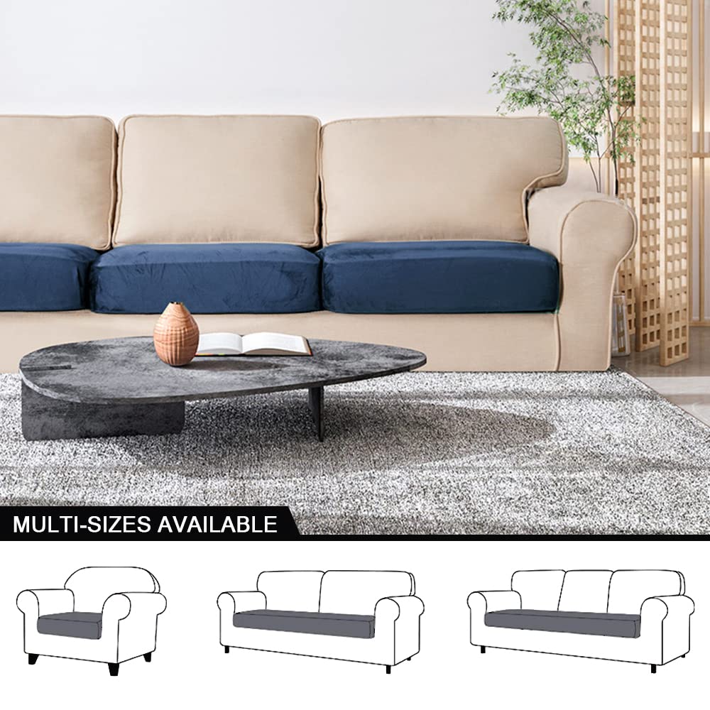 Ultra Soft Velvet Stretch Couch Cushion Covers - Elastic Bottom Furniture Protector Slipcovers for Sofa, Chair & Loveseat (Medium, Navy) | Home Decor, Living Room Upgrade & Pet-Friendly Furniture Protection