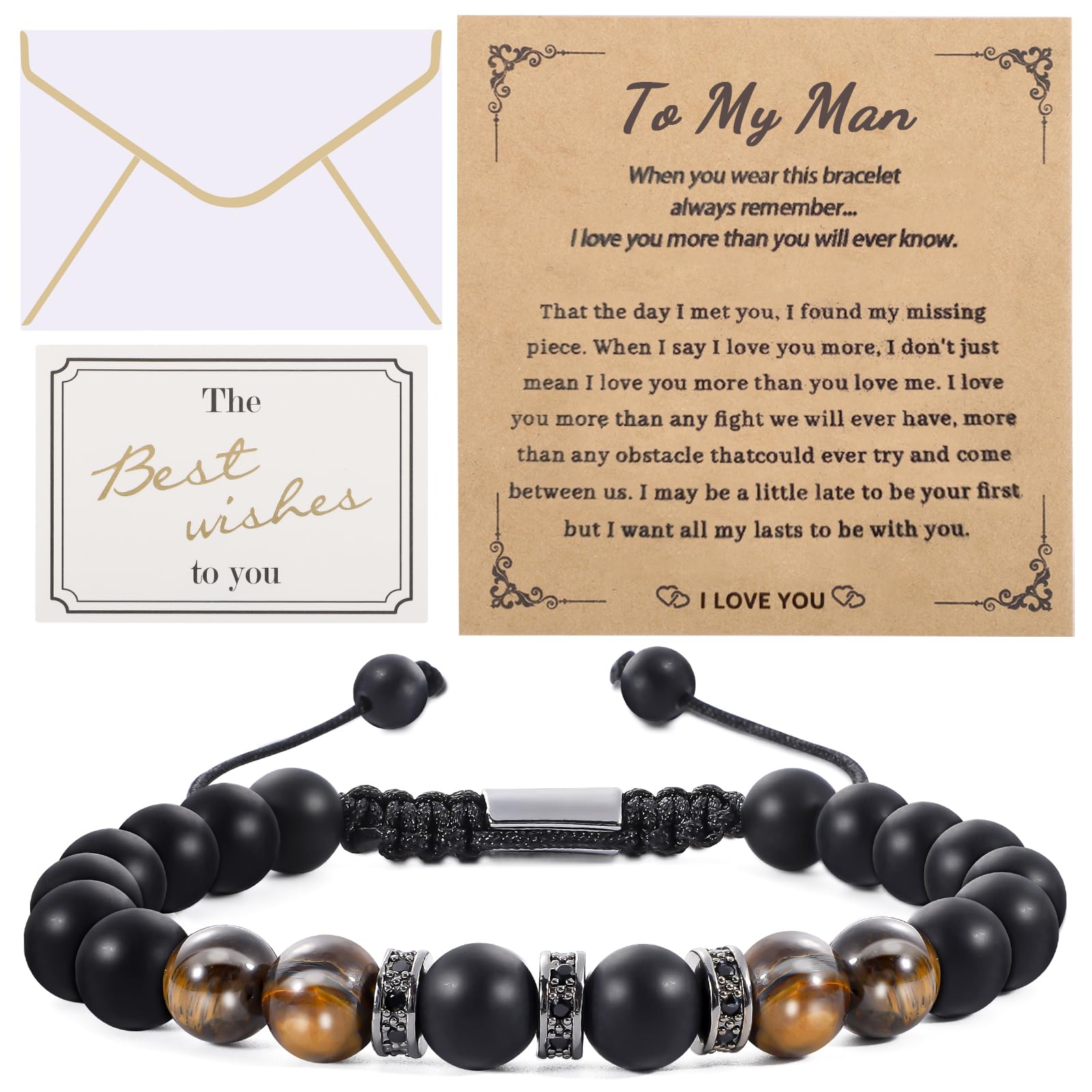 YAFA Men's Tiger Eye Agate Beaded Rope Bracelet - Anniversary, Birthday, Graduation & Father's Day Gifts for Husband, Son, Dad, Grandpa, Boyfriend - Stylish Spiritual Jewelry for Daily Wear & Special Occasions (Style A)