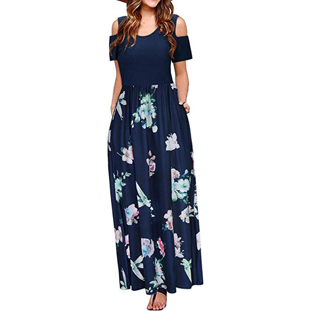 IXnzadn Women's Floral Print Cold Shoulder Maxi Dress - Short Sleeve, Crew Neck, High Waist with Pockets - Elegant Summer Beach Dress for Vacation, Party & Casual Wear