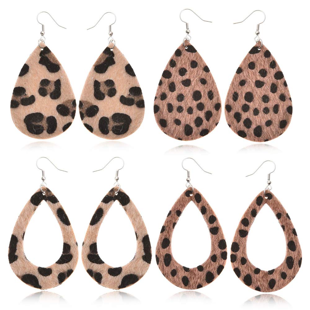 SMALLLOVE 4 Pairs Lightweight Faux Leather Teardrop Earrings - Handmade Dangle Hook Leaf Design Floral & Leopard Print Earrings for Women & Girls | Perfect for Casual Wear, Parties & Gift Giving