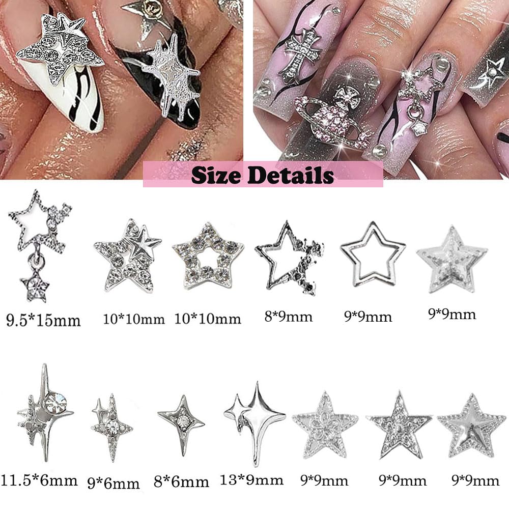 3D Star Nail Charms - 100pcs Alloy Nail Rhinestones for Y2K Nail Art (13 Styles) - Perfect for Women's Nail Design & DIY Manicure - Great for Parties, Weddings, and Special Occasions