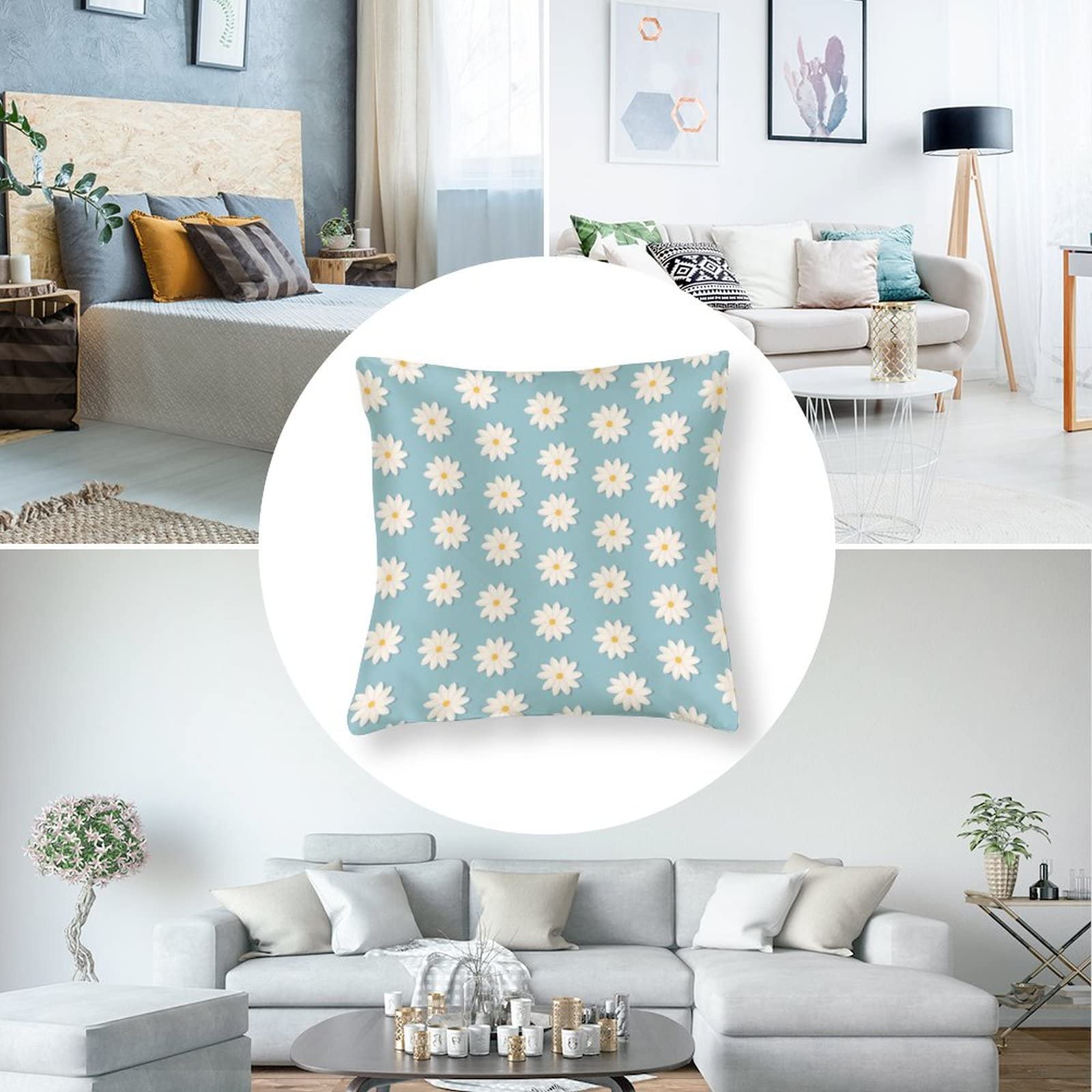 Blue and White Daisy Satin Pillow Covers 16x16 Inch - Summer Cooling Decorative Throw Pillows with Hidden Zipper for Sofa, Bed, Couch - Home Decor Gift for Women, Teachers, Housewarming