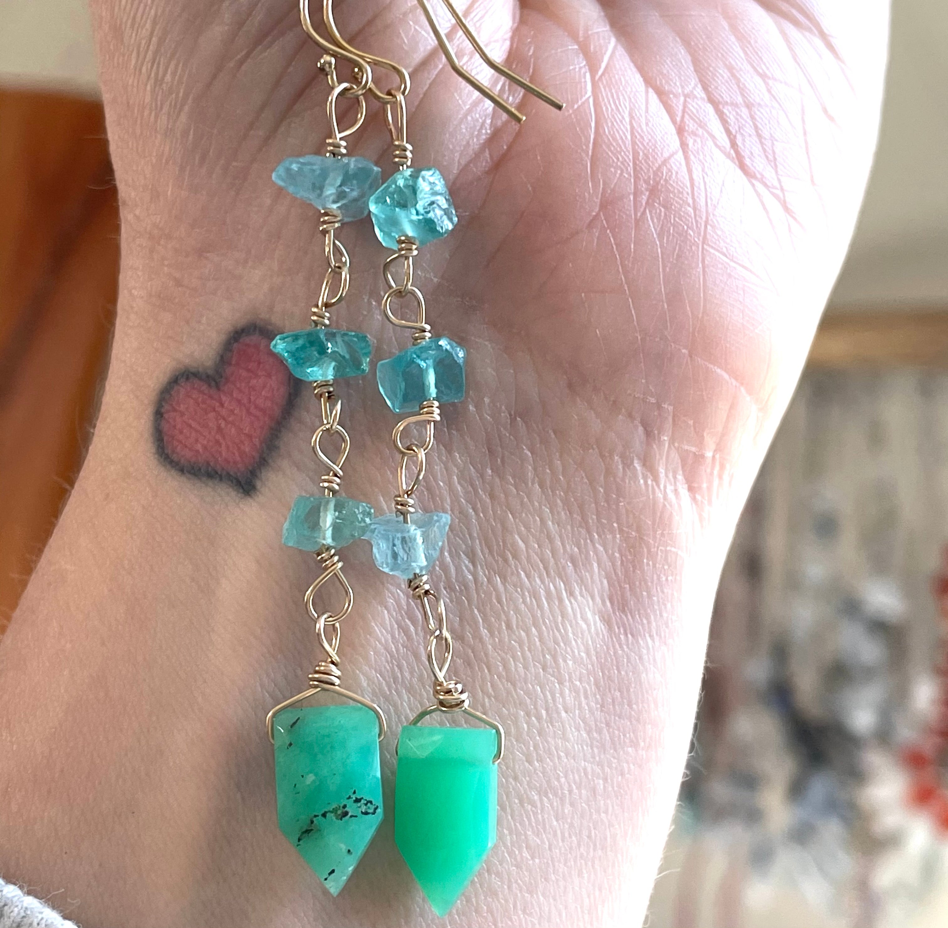Natural Raw Crystal Earrings - Apatite & Chrysoprase Gold Filled Dangle Earrings for Women | Boho Chic Jewelry, Healing Crystal Gift, Wedding & Party Accessories