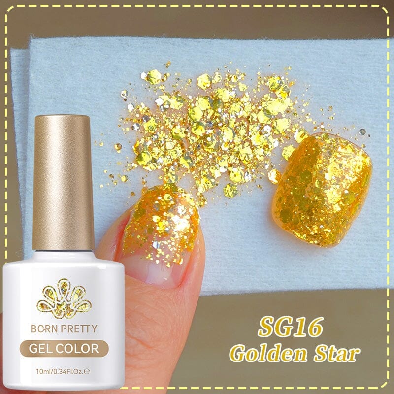 Gold Glitter Sequins Gel Polish SG16 - 10ml Golden Star Nail Art Polish for Manicures & Pedicures - Perfect for Parties, Weddings, and Special Occasions